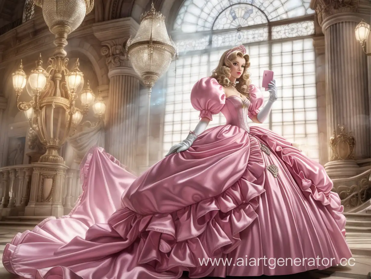 Lush-Princess-in-Pink-Satin-Dress-Sitting-on-Throne-in-Sunny-Castle