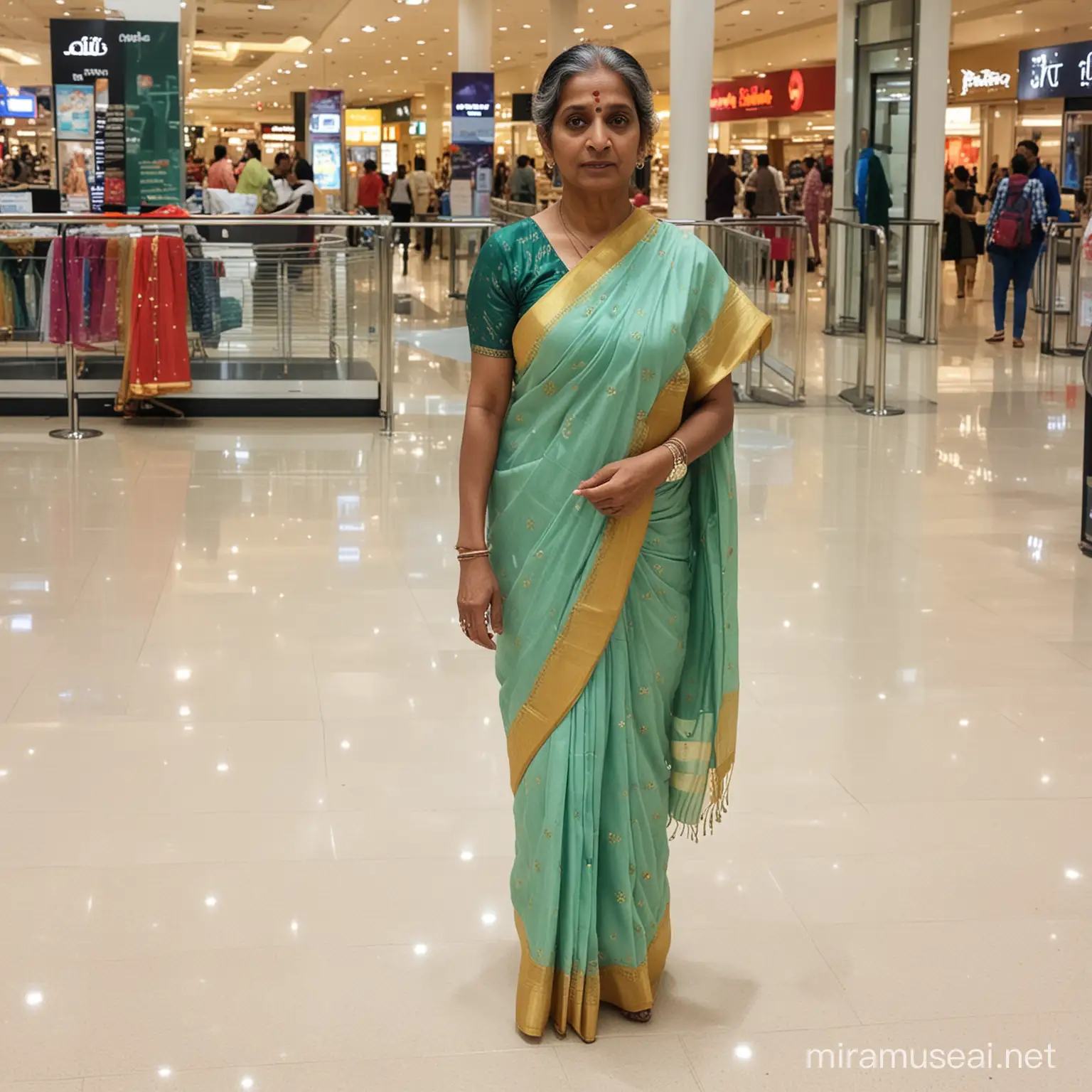 Indian 50 years old lady walking in a mall. she is wearing saree and seems so tired