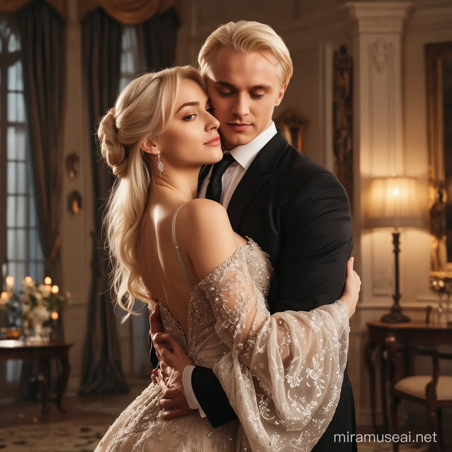 Handsome Draco Malfoy in a suit and hugs a beautiful blonde girl in a beautiful evening dress, dear Dom,