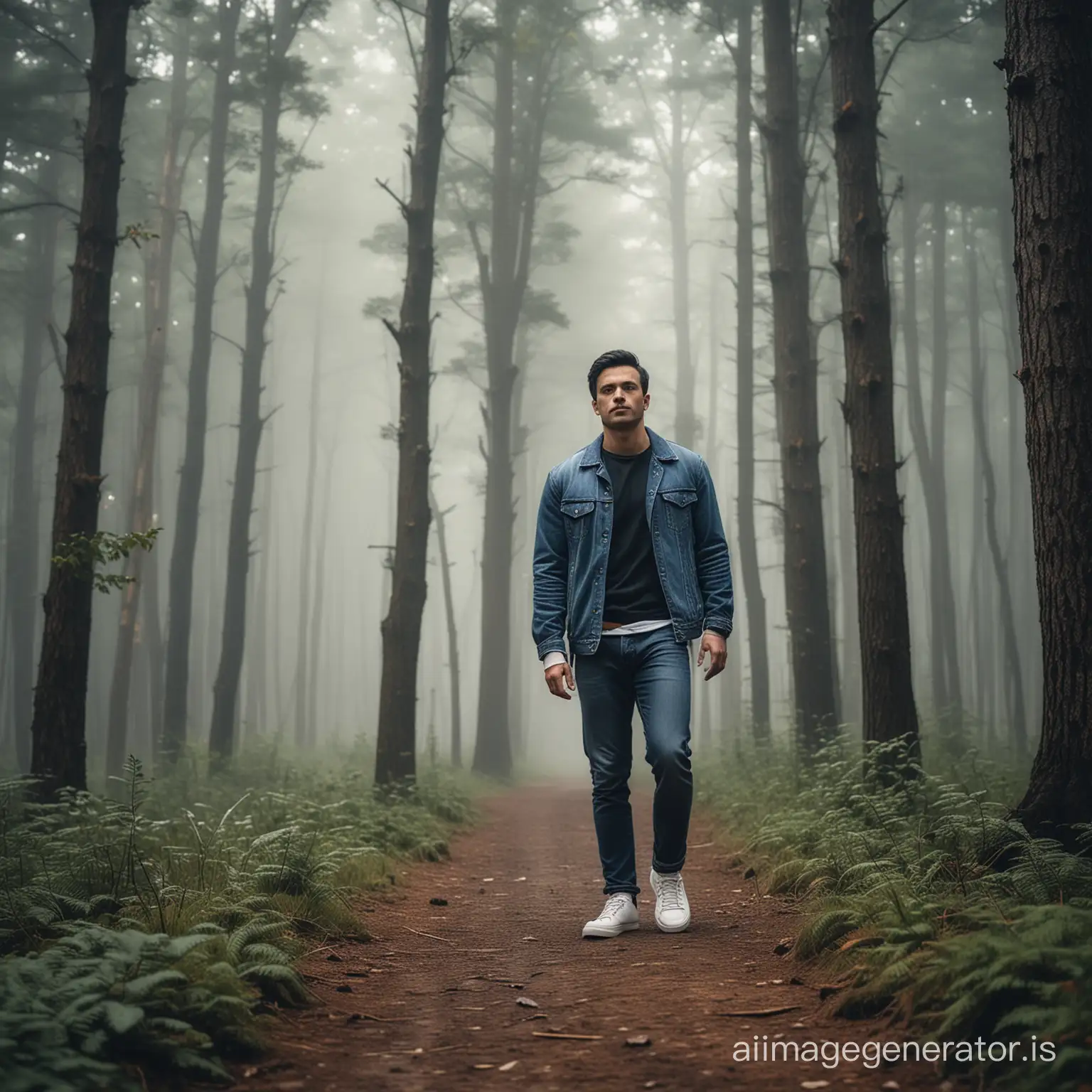 full body shoot, wide shoot, cinematic portrait of handsome 30 years old man, 70 kg weight,  with very short cut black hair, wearing denim jeans and white sneakers Tommy Hilfiger shoes, walking in misty forest, tall tree, lonely handsome man, wearing a Tommy Hilfiger crewneck, artistic portrait, calm and quiet atmosphere, bokeh background showing a misty forest, high and detail camera, handsome pose, looked up at the sky