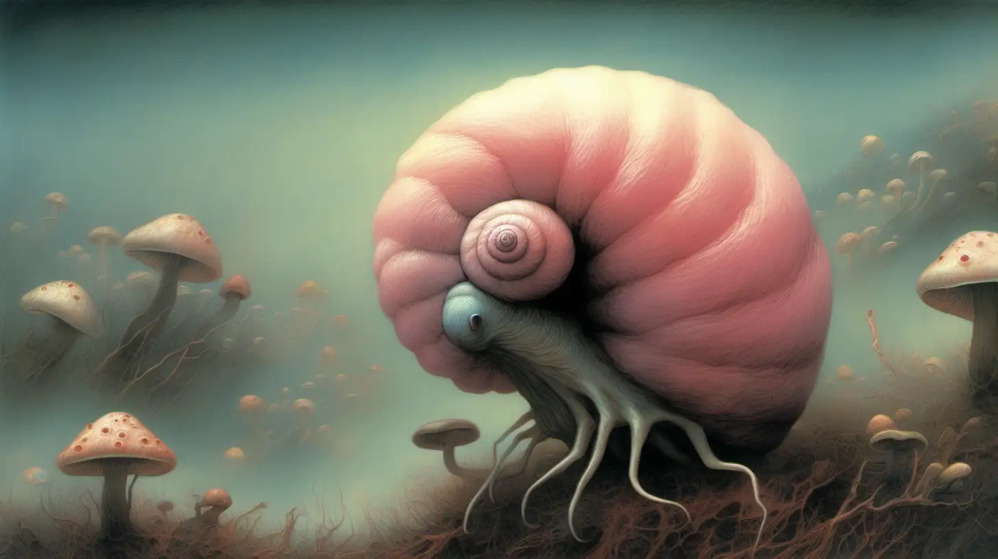 Zdzislaw Beksinski,  cute,  weird , snail, mushrooms, tentacles, furry, cotton candy , blurry, bright eyes, big eyes, pastel colors ,blurry, faded colors, fuzzy, foggy