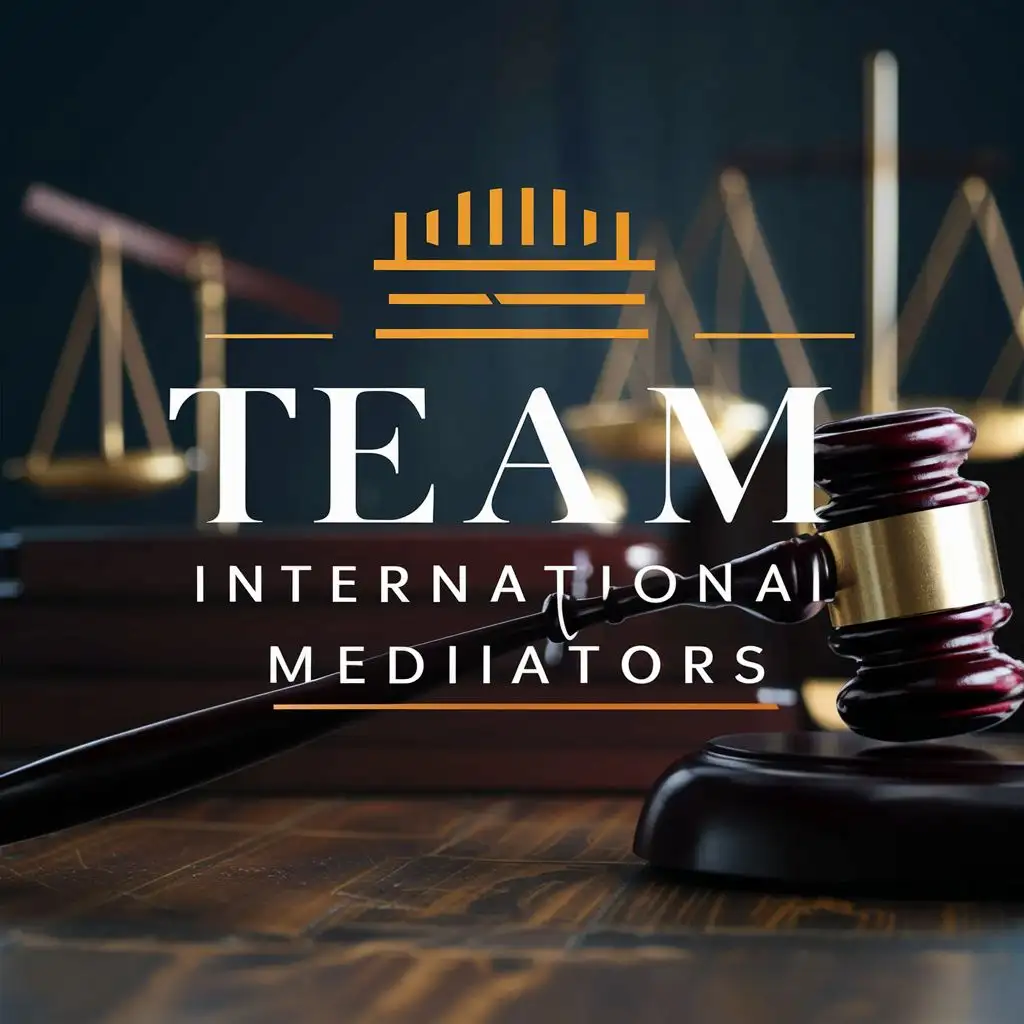 logo, judges, lawyers, gavel, law related, with the text "TEAM INTERNATIONAL MEDIATORS", typography, be used in Legal industry