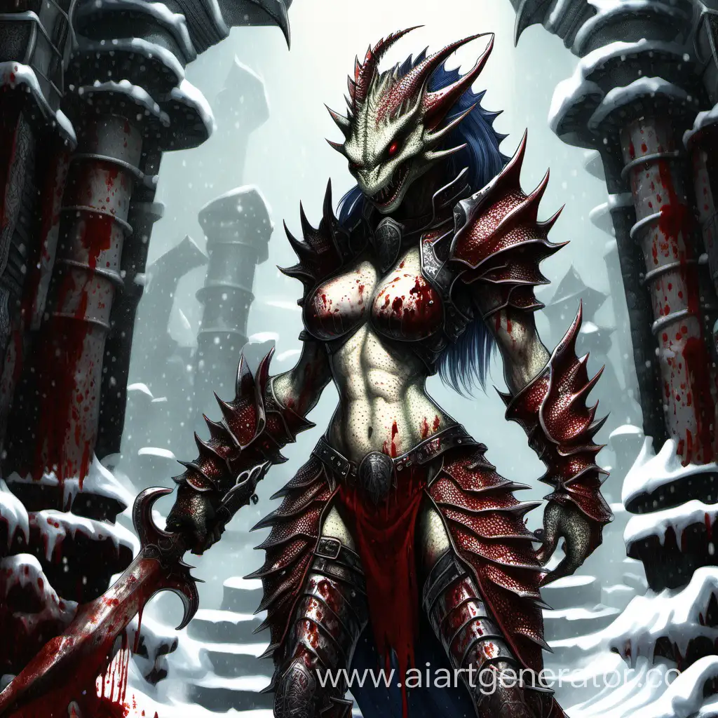a sexy female lizardman with snow-white shiny scales in studded leather armor stands in a temple covered in blood with two daggers