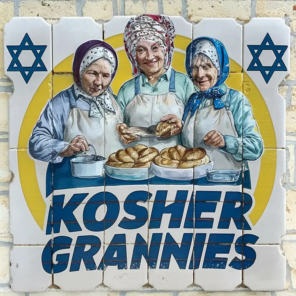 LOGO-Design-For-Kosher-Grannies-Traditional-Jewish-Charm-in-Soft-Yellow-and-Blue-with-Israeli-Tiles-Typography