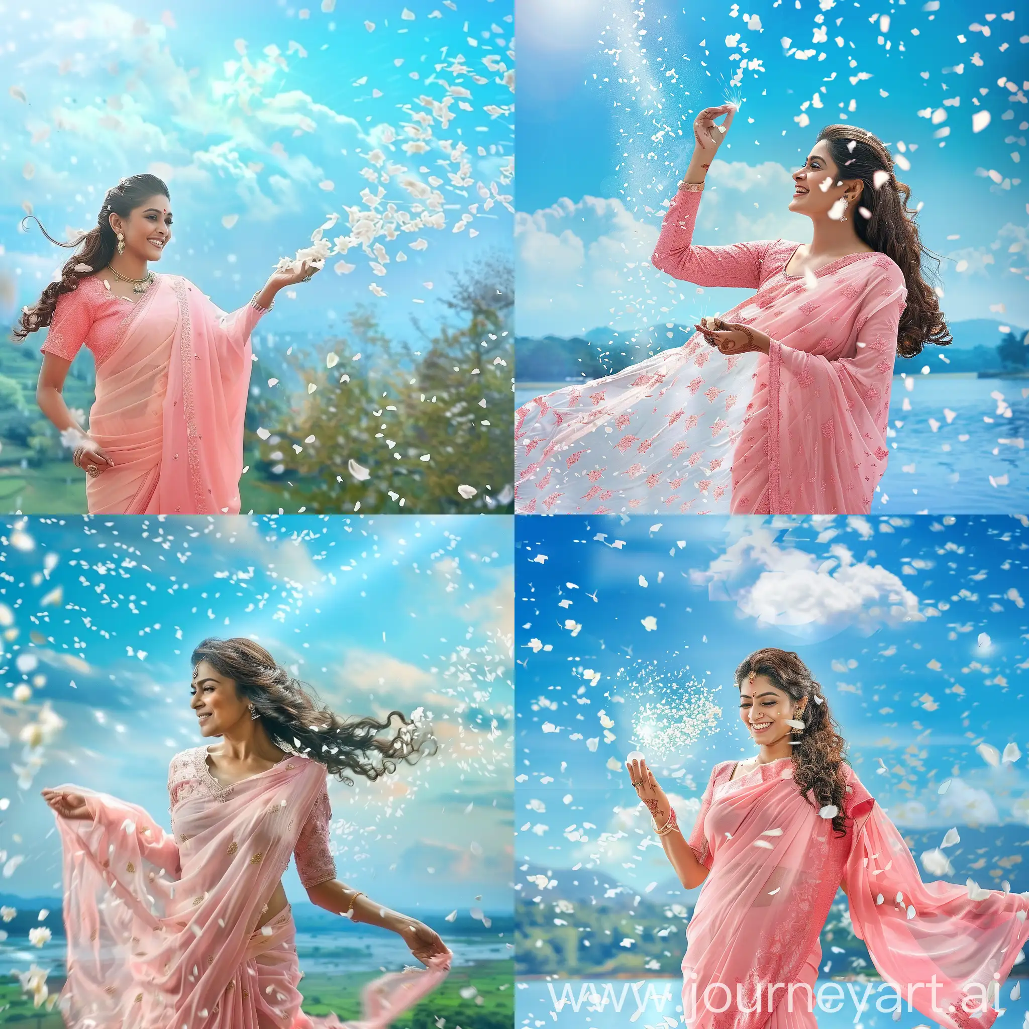 Create a stunning image of Nayanthara, wearing a pink creamy saree, beautiful picturesque landscape in the background, signaling a spark of love and excitement, the sky is blue and vibrant, she is showered with white petals from heaven, she is full of energy for having more of this treat, she is happy and tranquil, a attractive, beautiful, curvy, voluptous, half body shot, perfect composition, go