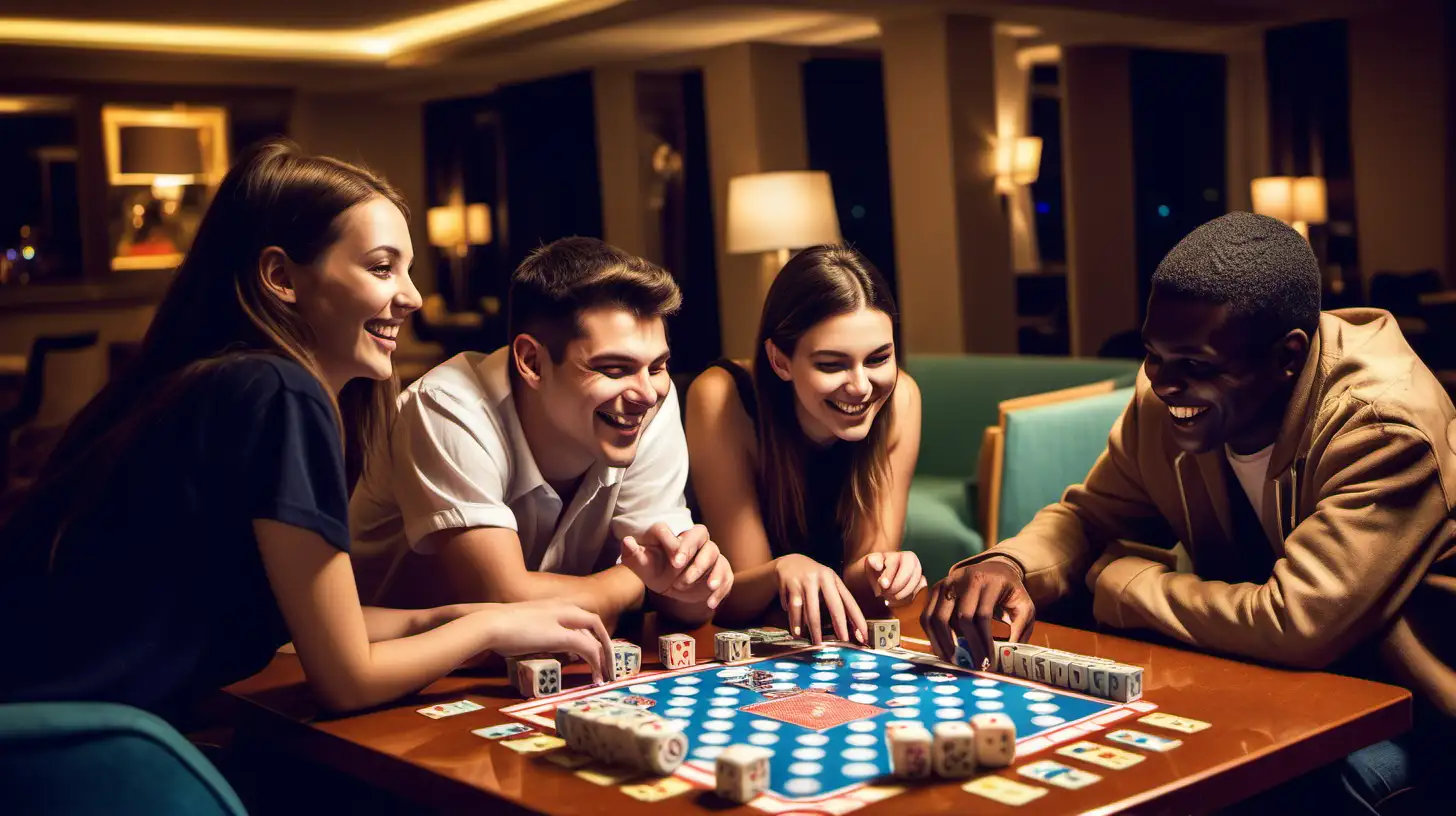 hotel guests playing board games, lounge, young people, smiles, bright lights 