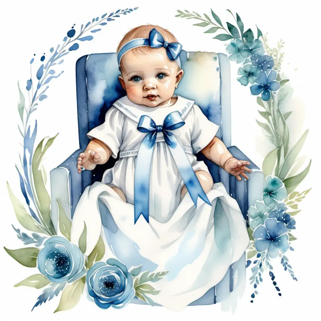 dop, bebis i dopklänning med blå rosett med långa band på bröstet, blommor i blå toner , med vattenfärg