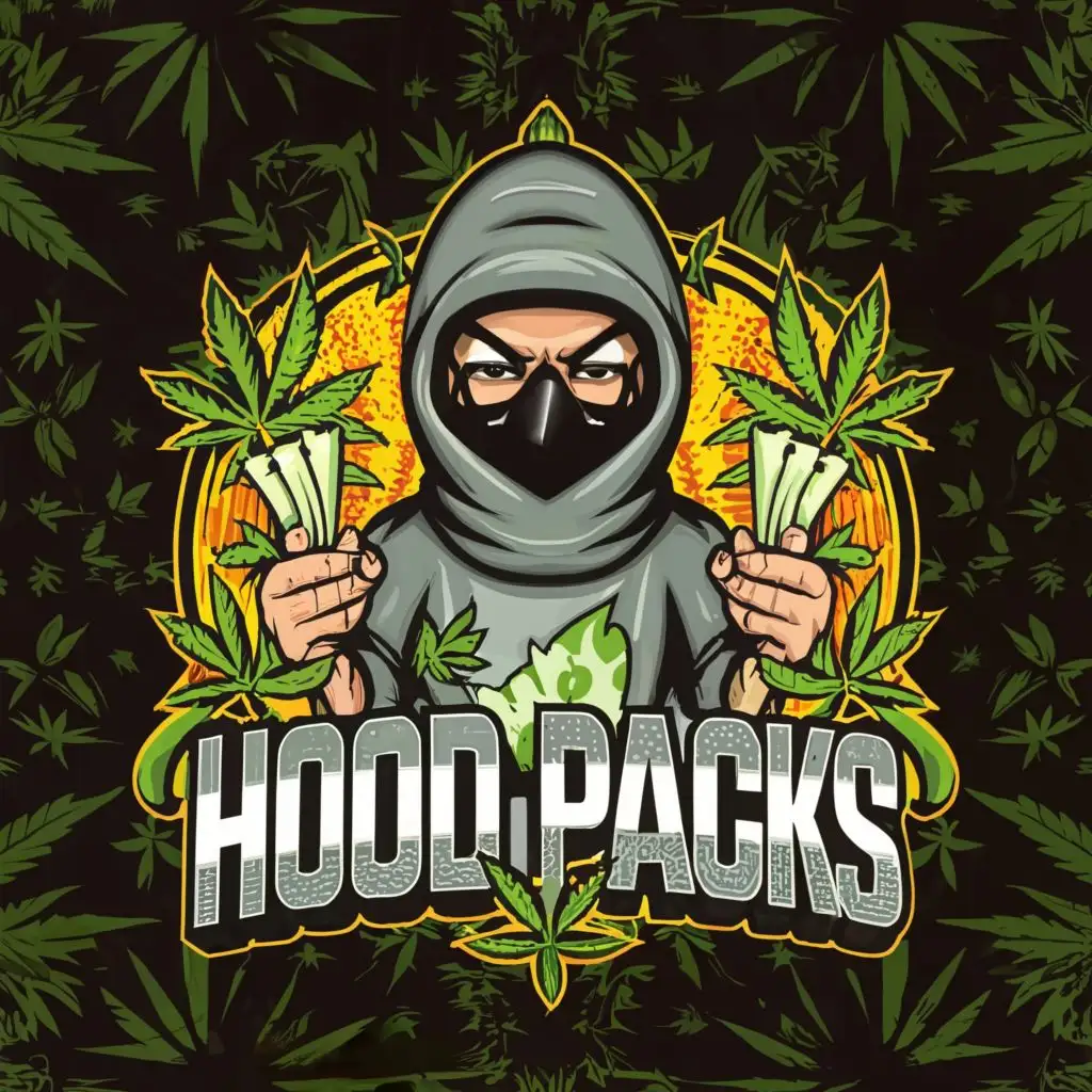 logo, A highly detailed weed inspired background with a cartoon character wearing a balaclava holding money and a joint, with the text "HoodPacks", typography