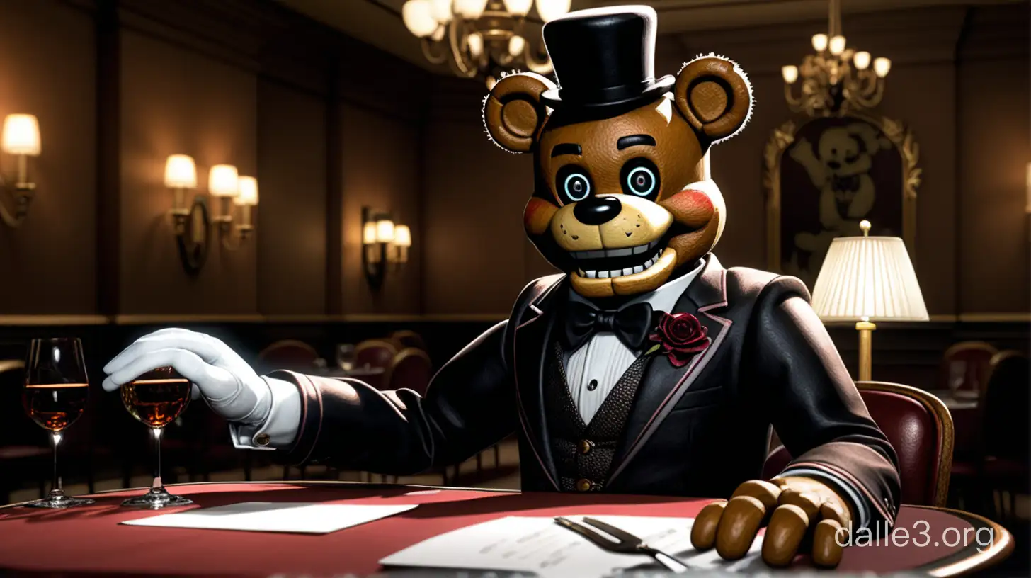 Freddy Fazbear wearing a dark fancy suit and white gloves invites us for a neeting in a fancy restaurant.