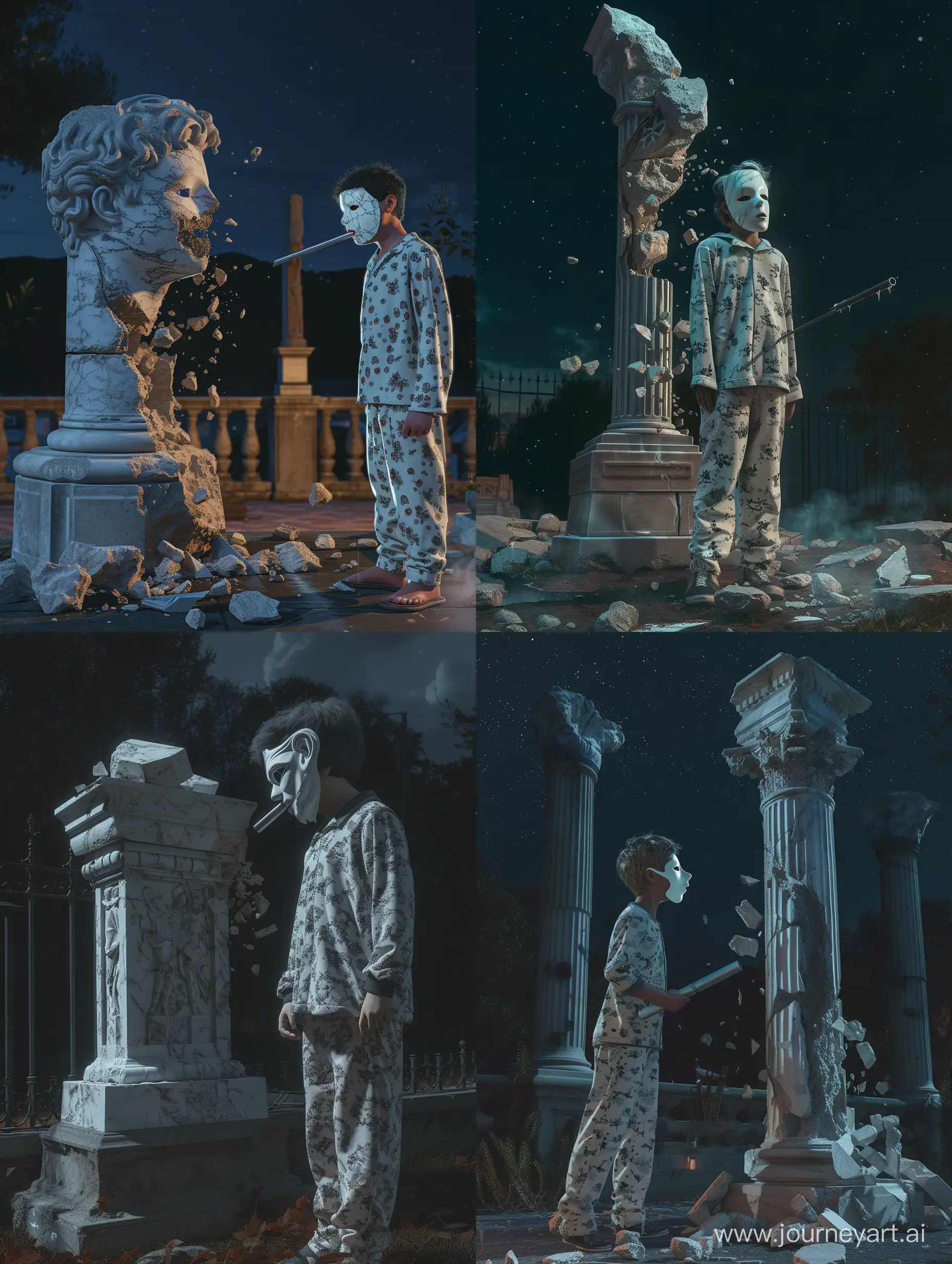 A teenager stands at night in pajamas with a white marble mask on his face, breaks a monument with a metal pipe, photorealistic