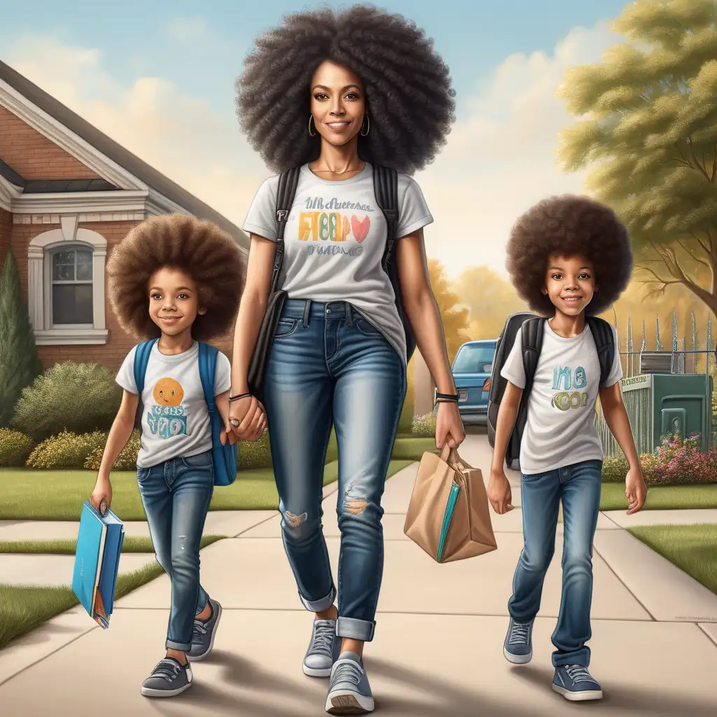 young slim light skinned black mom with an afro, she is wearing jeans and a t shirt, walking her kids to school