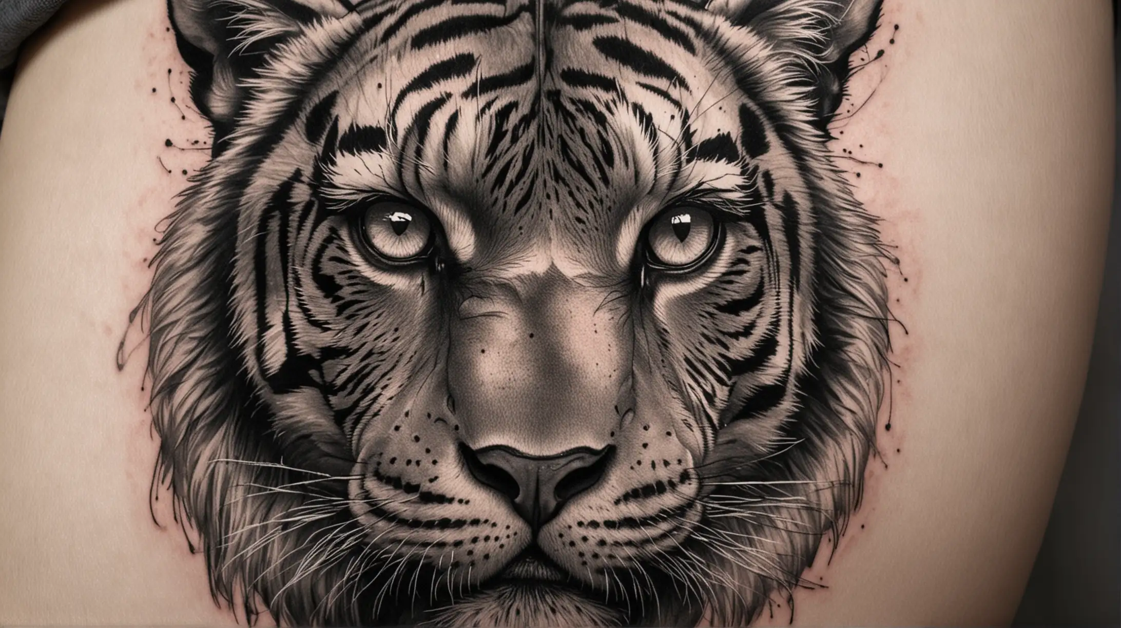 Erstelle ein realistisches, detailreiches Tattoo-Design in Black und Gray, das einen Ausschnitt eines Tigers zeigt, auf dem nur seine Augen zu sehen sind. Achte darauf, dass das Design kontrastreich ist, um die Intensität der Augen des Tigers hervorzuheben und eine faszinierende und ästhetische Wirkung zu erzielen.