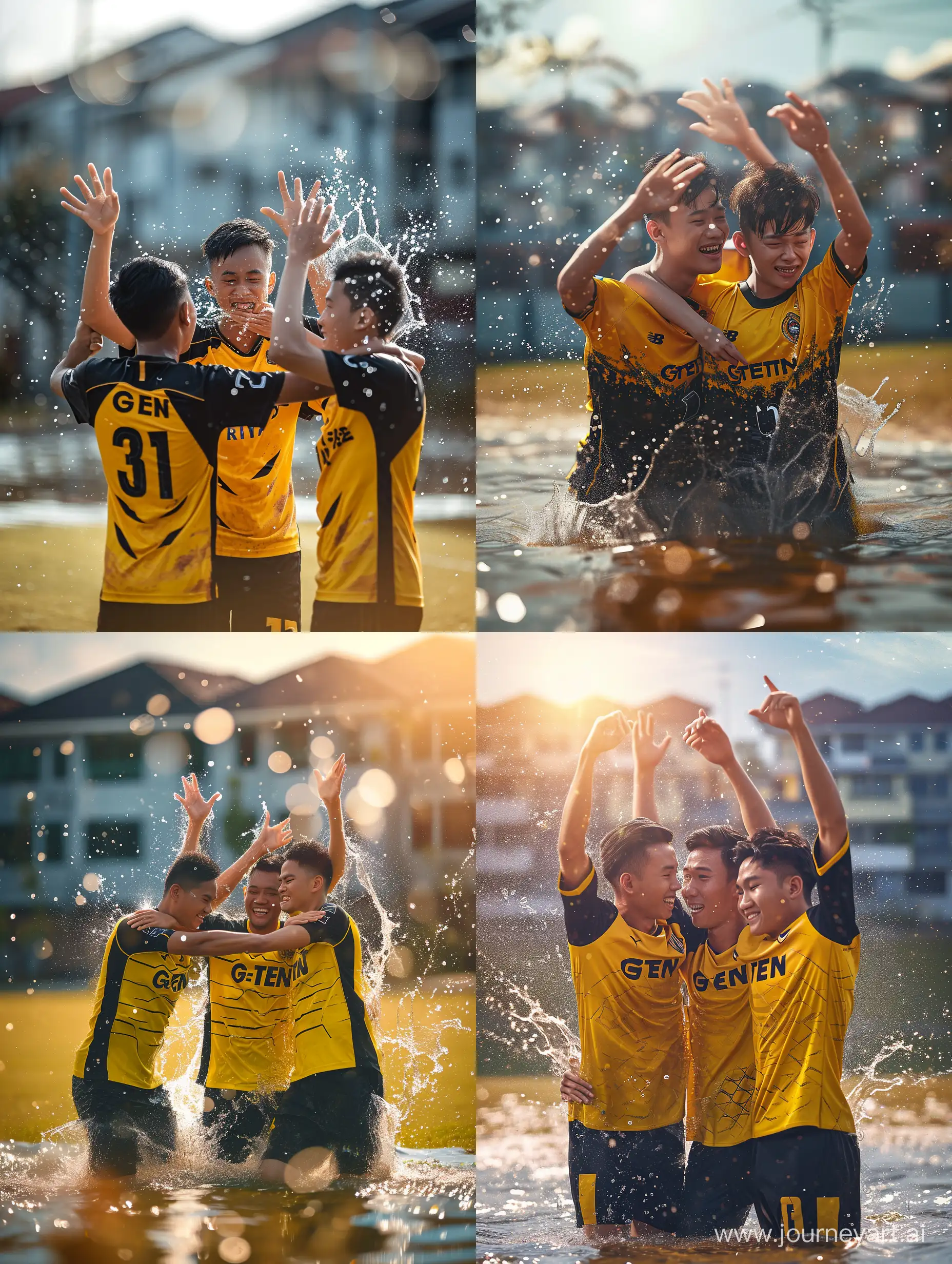 Ultra realistic, 3 malay soccer players do a goal celebration. hug while raising hands. yellow and black jersey. there is 'G-TEN' written on the jersey. there is a splash of water in the syntactic field. housing estate background. refraction of sunlight. canon eos-id x mark iii dslr --v 6.0