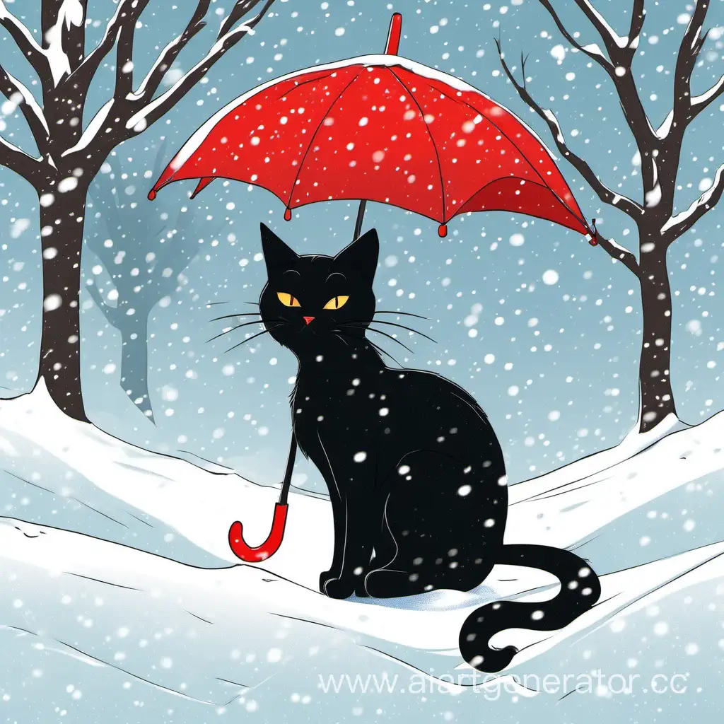 Черный кот на снегу держит красный зонт. Минимум цветов