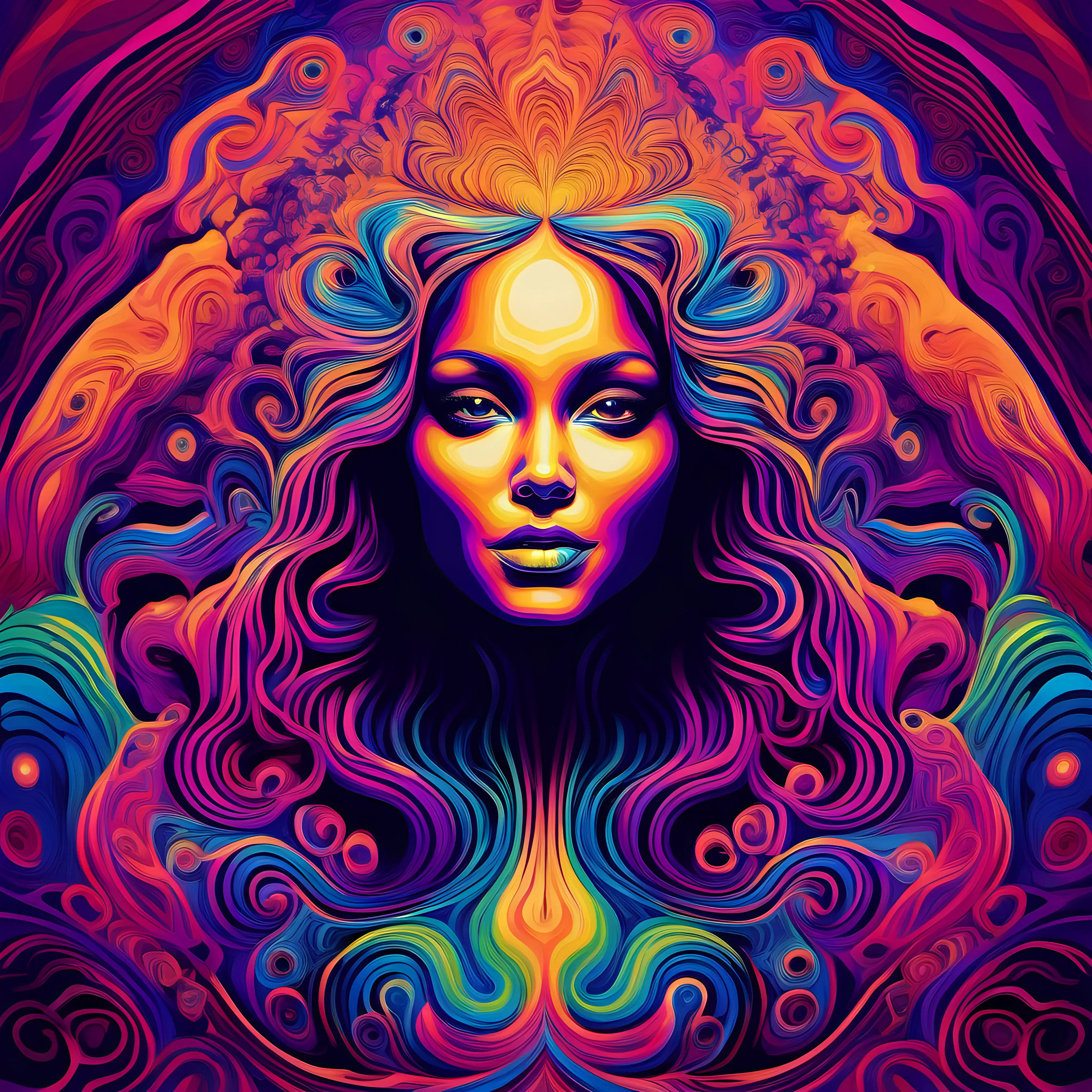 Generate a mesmerizing psychedelic art image featuring a woman as the central subject. Use vibrant, bold, and contrasting colors to create an intense and visually stimulating composition.

The woman should be depicted with flowing, surrealistic features, as if her form is melting or morphing into abstract shapes. Her hair and clothing should have dynamic patterns and colors that blend seamlessly into the psychedelic background.

Surround the woman with swirling patterns, fractals, and optical illusions that radiate from her figure. Use neon-like colors, such as electric blues, fiery oranges, fluorescent pinks, and deep purples, to create a sense of vibrant energy and otherworldly beauty.

Let the composition feel like a journey through the depths of consciousness and imagination. The artwork should evoke a dreamlike and surreal atmosphere, inviting viewers to explore the boundaries of perception and the kaleidoscope of the mind.

Feel free to experiment with various digital effects, gradients, and blending techniques to create a piece that is visually immersive and thought-provoking. Capture the essence of the psychedelic experience, which often involves a sense of inner exploration and transcendence, through this abstract representation of a woman.

The final artwork should be a mesmerizing and captivating portrayal of a woman that draws viewers into a world of vivid colors, shapes, and patterns.