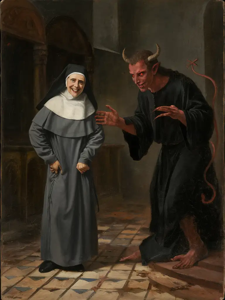 Sinister Encounter Nun and Devil in Ancient Church