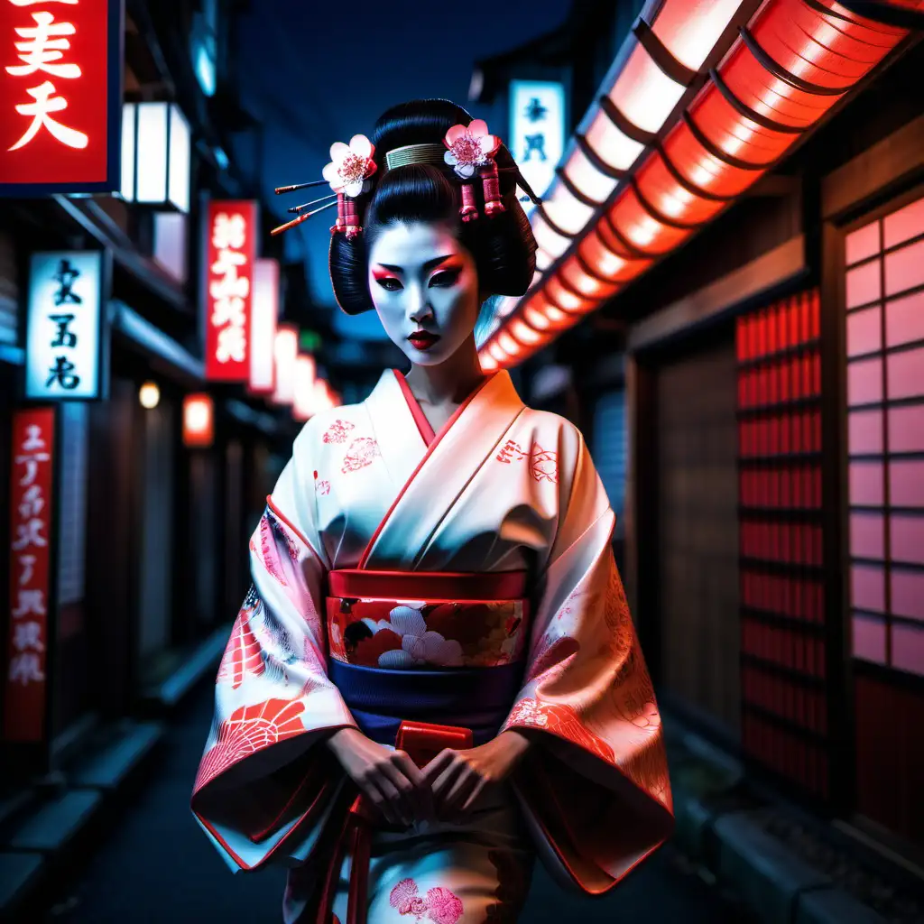 Japanese city, neon signs in Japanese , model wearing geisha inspired outfit, vogue style photoshoot, hyper realistic rendering