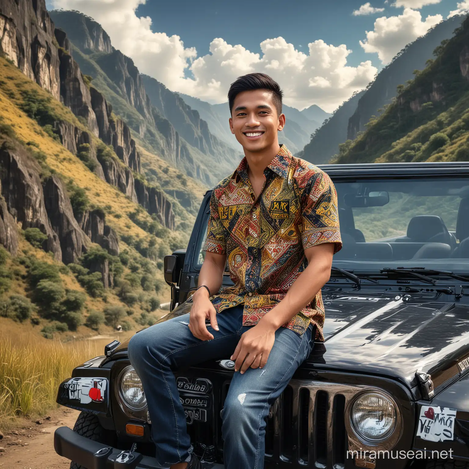 Stylish Indonesian Man Smiling on Black Jeep in Mountainous Landscape