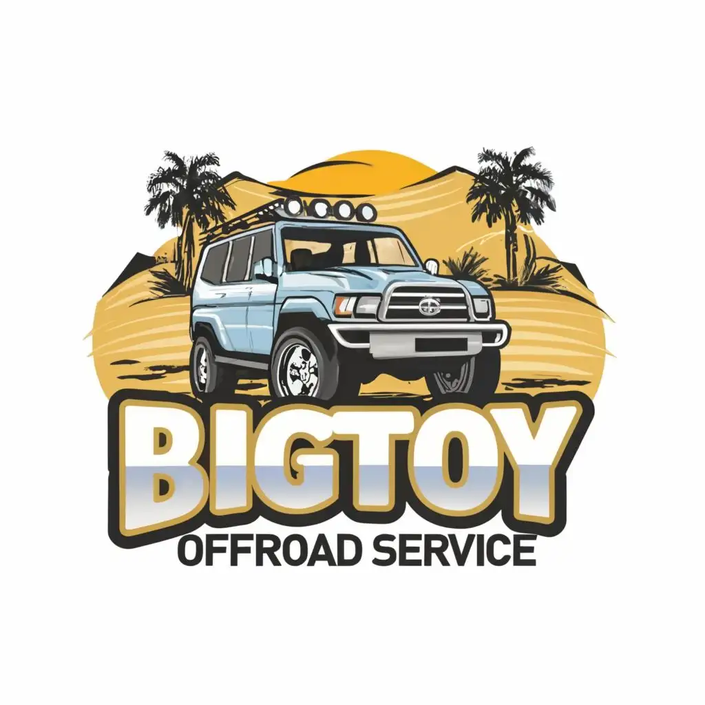 logo , Toyota land cruiser , sahara, safari, OFFROAD SERVICE , with the text "BIGTOY OFFROAD SERVICE" in blue, typography, be used in Automotive industry as logo with desert behind yellow more classy