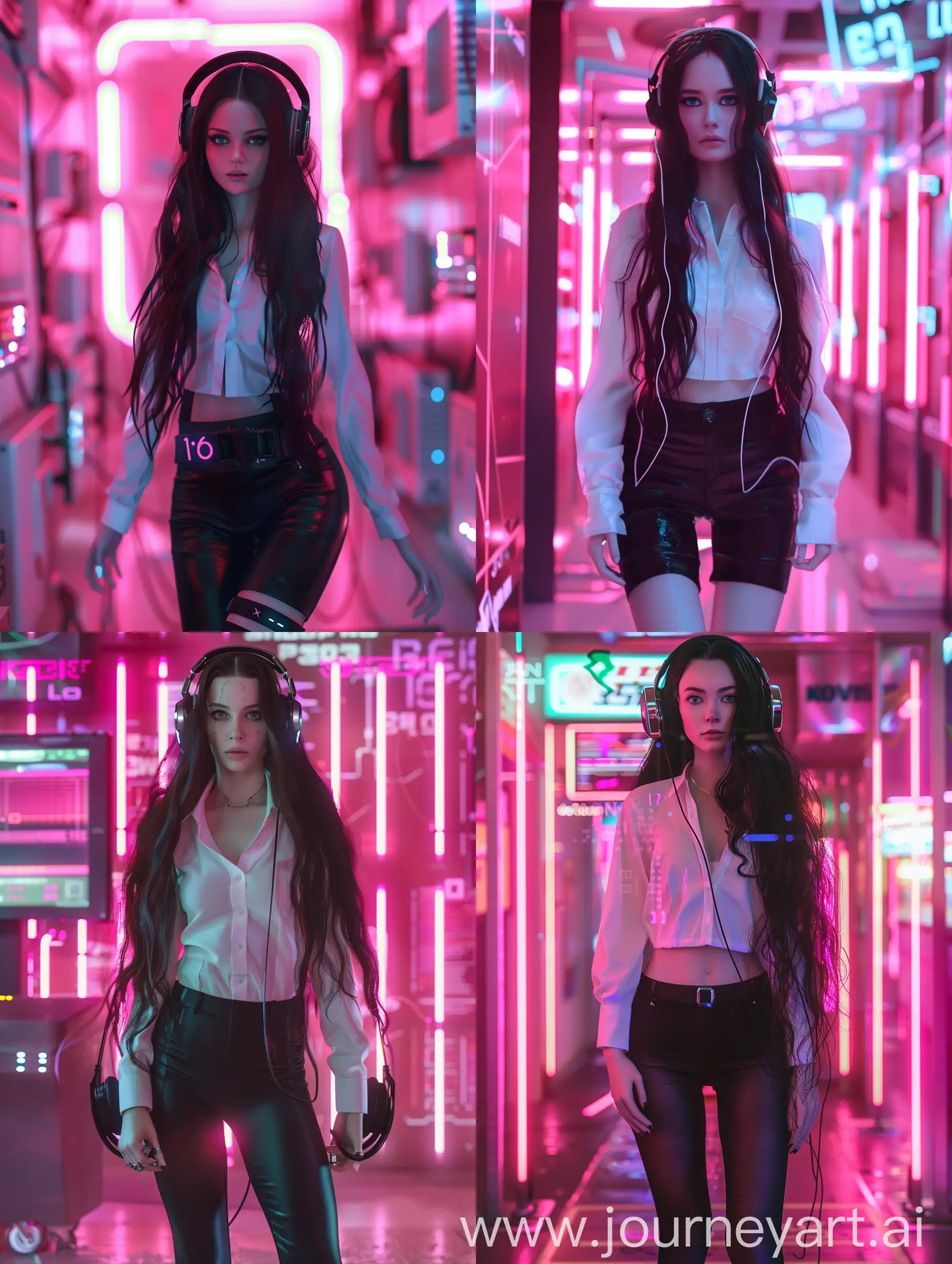 Kodak Vision 2383, full body photo of a mystic cyber droid biotech woman named Lisa Lou, with dark long hair and long model lags, wearing high-tech headphones and a white shirt and tight black pants, The background unfocused pinkish Neon Signs lights, with her "beautiful big blue eyes" she looks directly into the camera, detailed natural skin, retrofuturism, future tech, dramatic cinematic lighting, high detailed Natural skin, film grain, cyberpunk neon look, camera f1.6 lens,