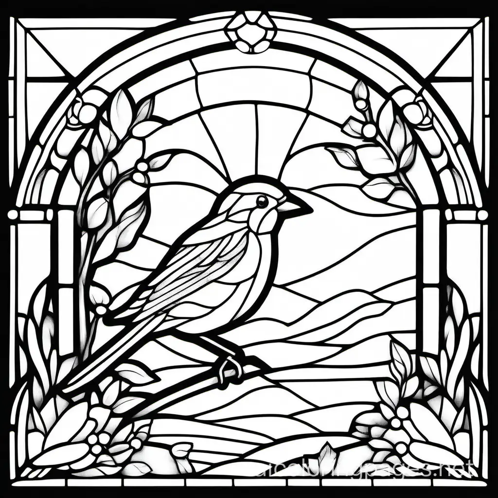 Stained glass style bird and landscape scene , Coloring Page, black and white, line art, white background, Simplicity, Ample White Space. The background of the coloring page is plain white to make it easy for young children to color within the lines. The outlines of all the subjects are easy to distinguish, making it simple for kids to color without too much difficulty