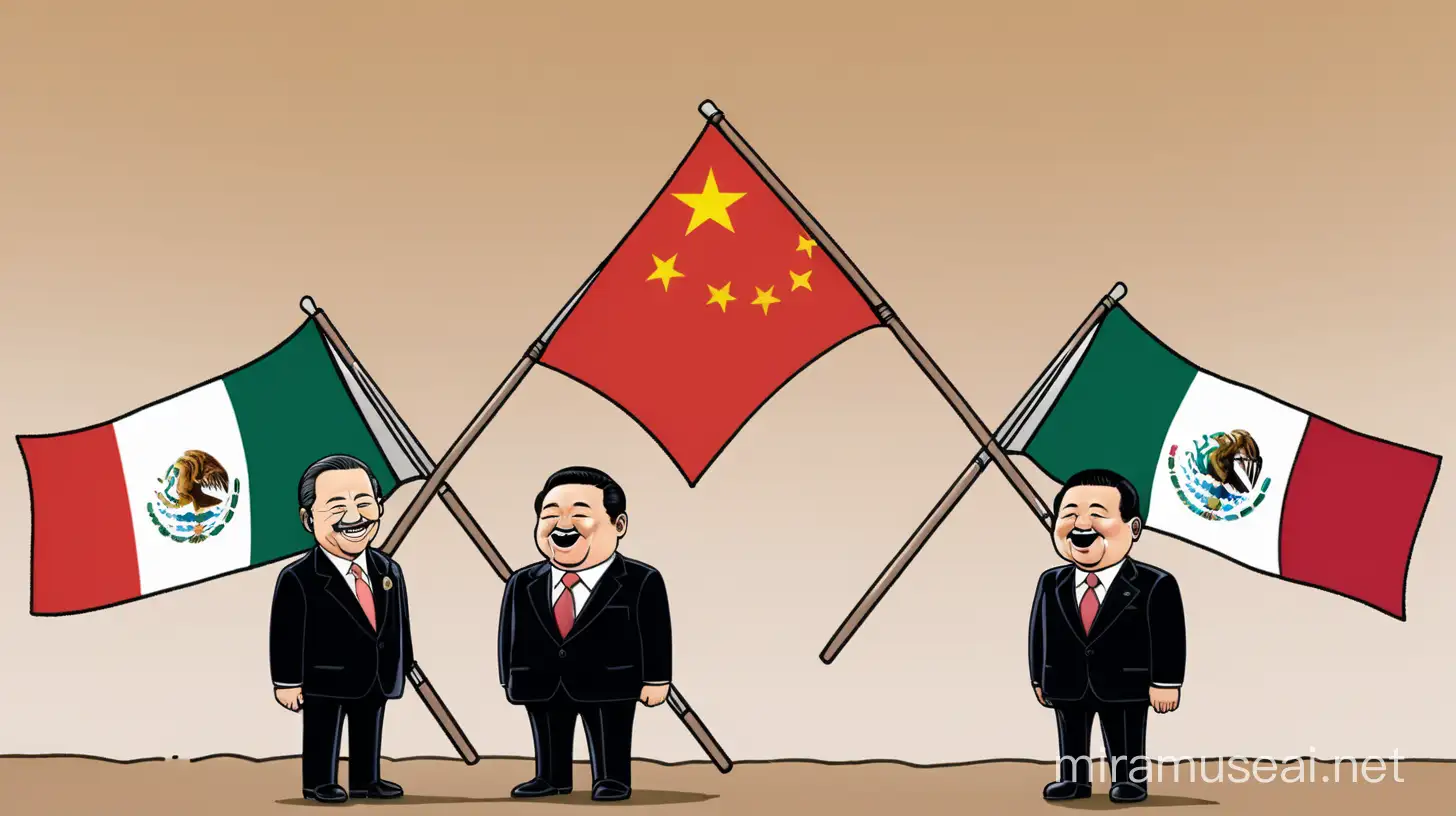  china and Mexico flag and in front of china flag china president become sad  and in front of Mexico Flag Mexican president is laughing