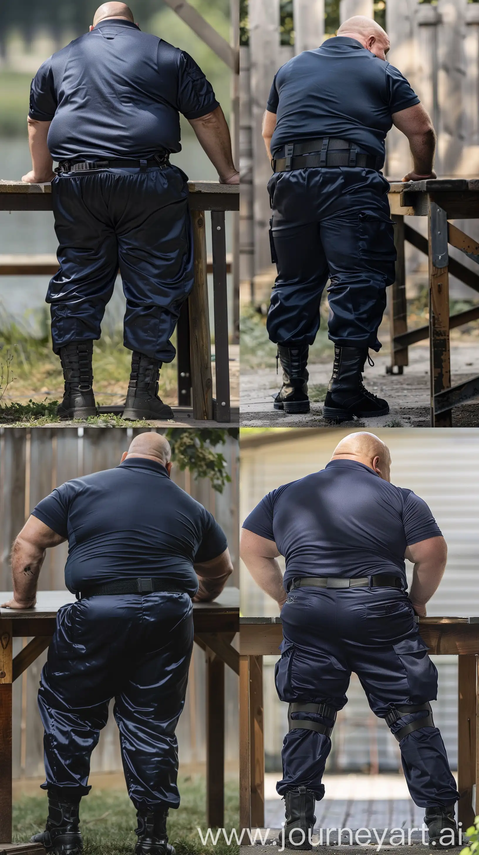 Close-up full body back view photo of a very fat man aged 60 standing next to a very high table. The man is wearing silk navy stretched out battle pants tucked in black tactical boots, he has a tucked in silk navy sport polo shirt and a black tactical belt. The man is standing straight and leaning forward on both hands placed on the table. Outside. Bald. Clean Shaven. Natural light. --ar 9:16