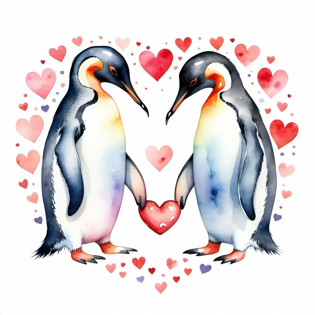 watercolor style, two penguins touching beaks with hearts around them in a heart shape on white background