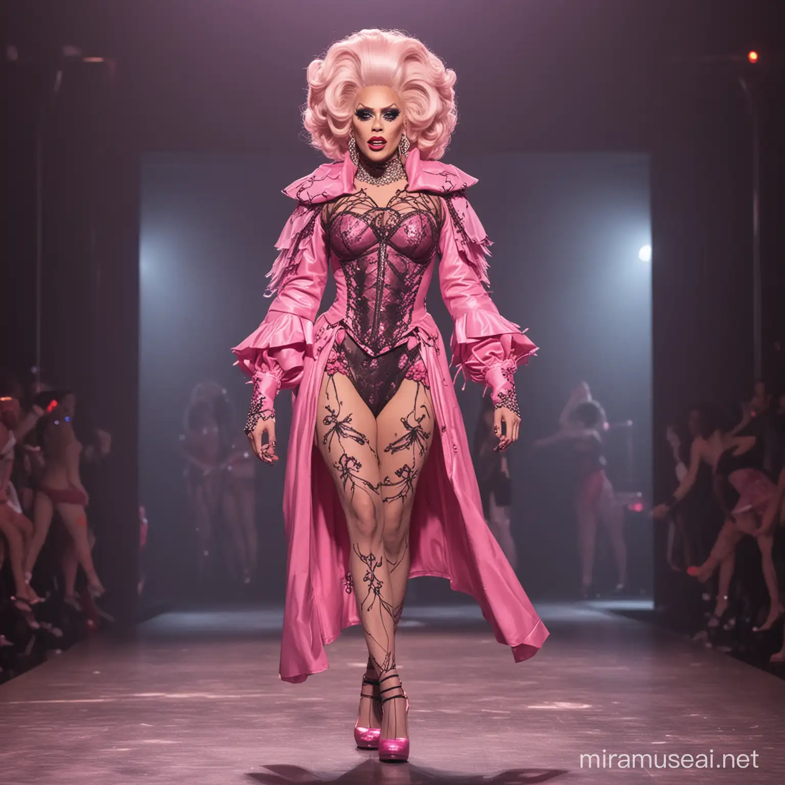a full body image of a skinny horror inspired drag queen walking on the Rupaul's Drag race runway wearing an outfit inspired by the prompt:  horror and gore