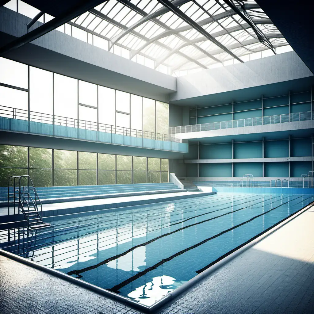 Erstelle mir ein Bild modernen großen Sportschwimmbades mit einem Sprungturm