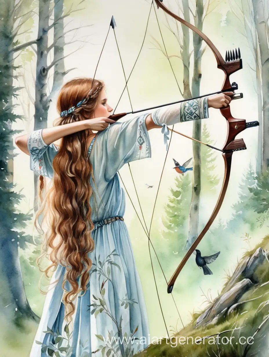 Slavic-Girl-Shooting-Bow-in-Forest-Long-Hair-Soft-Watercolor-Style