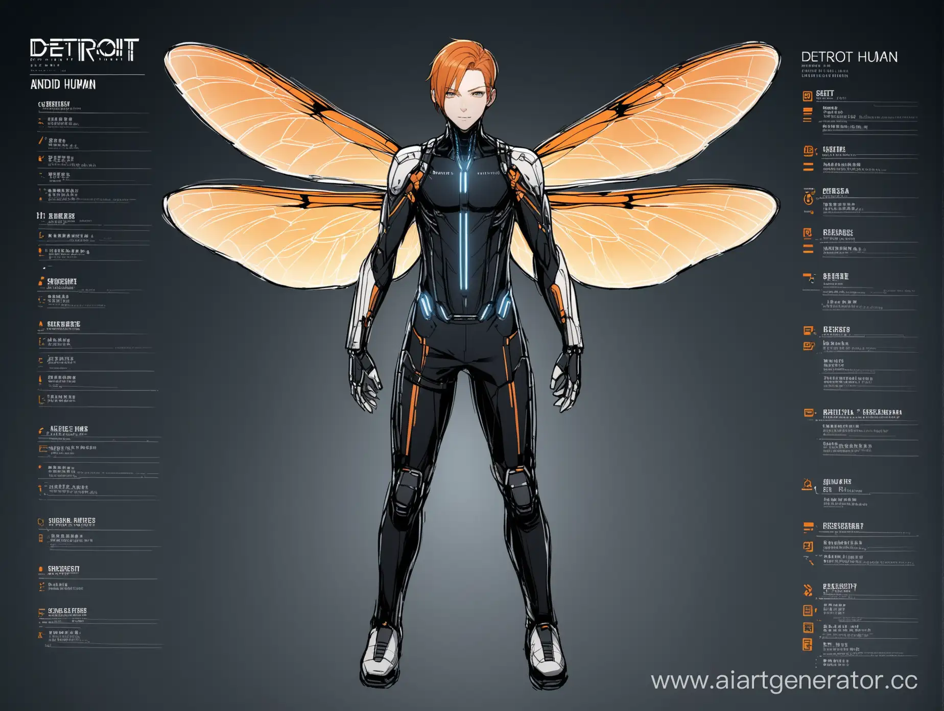 full-length character sheet, android from "Detroit: Become Human" boy with orange hair dragonfly wings dragonfly hybrid 4 arms