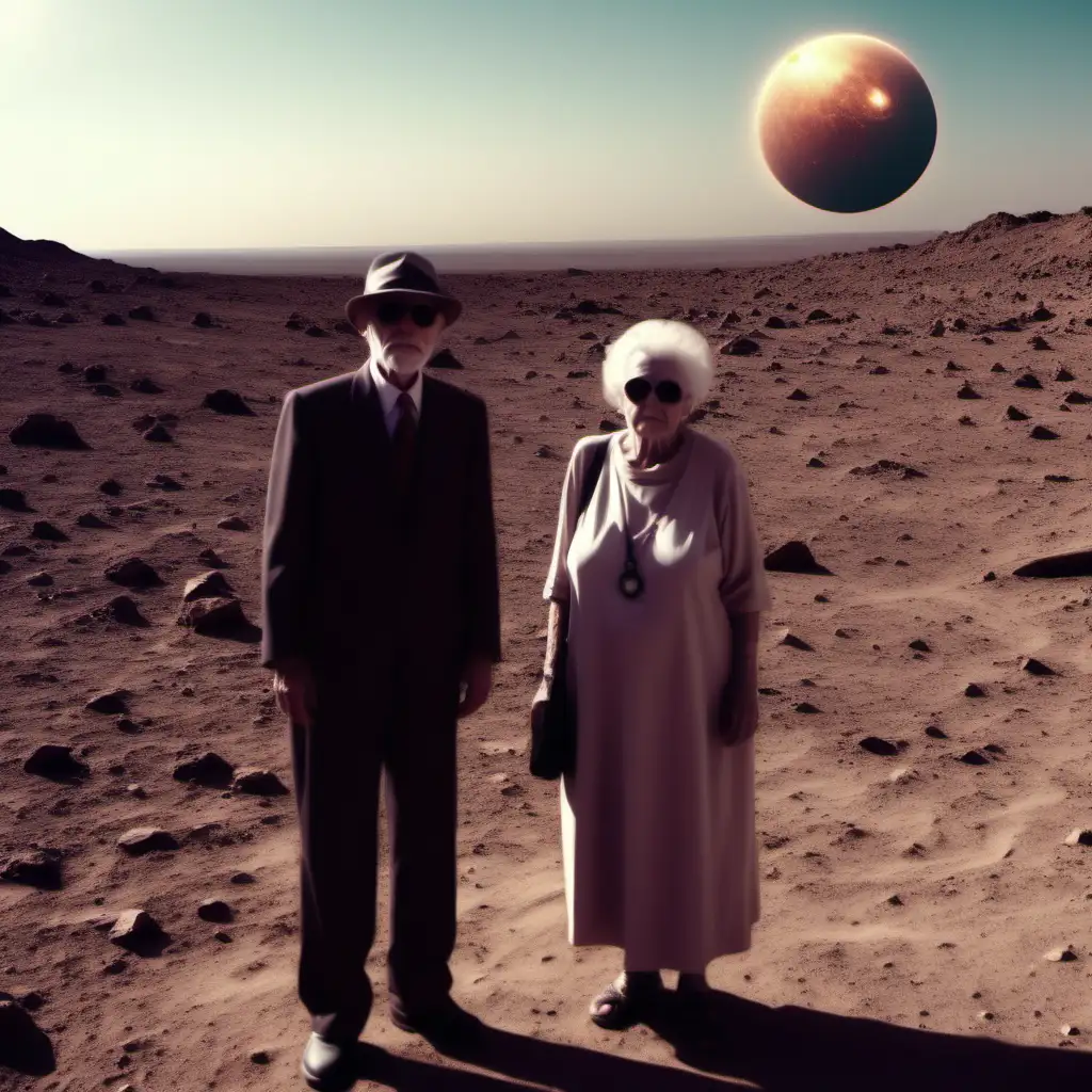 real photo with a time traveler man and old wife on the nibiru planet