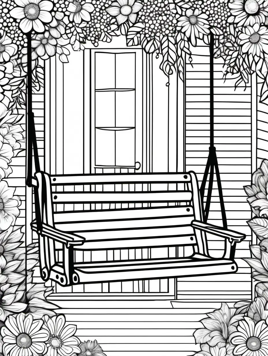 porch swing, adult coloring page, doodle floral art background, black and white, thick black lines, clean edges, full page, color by number