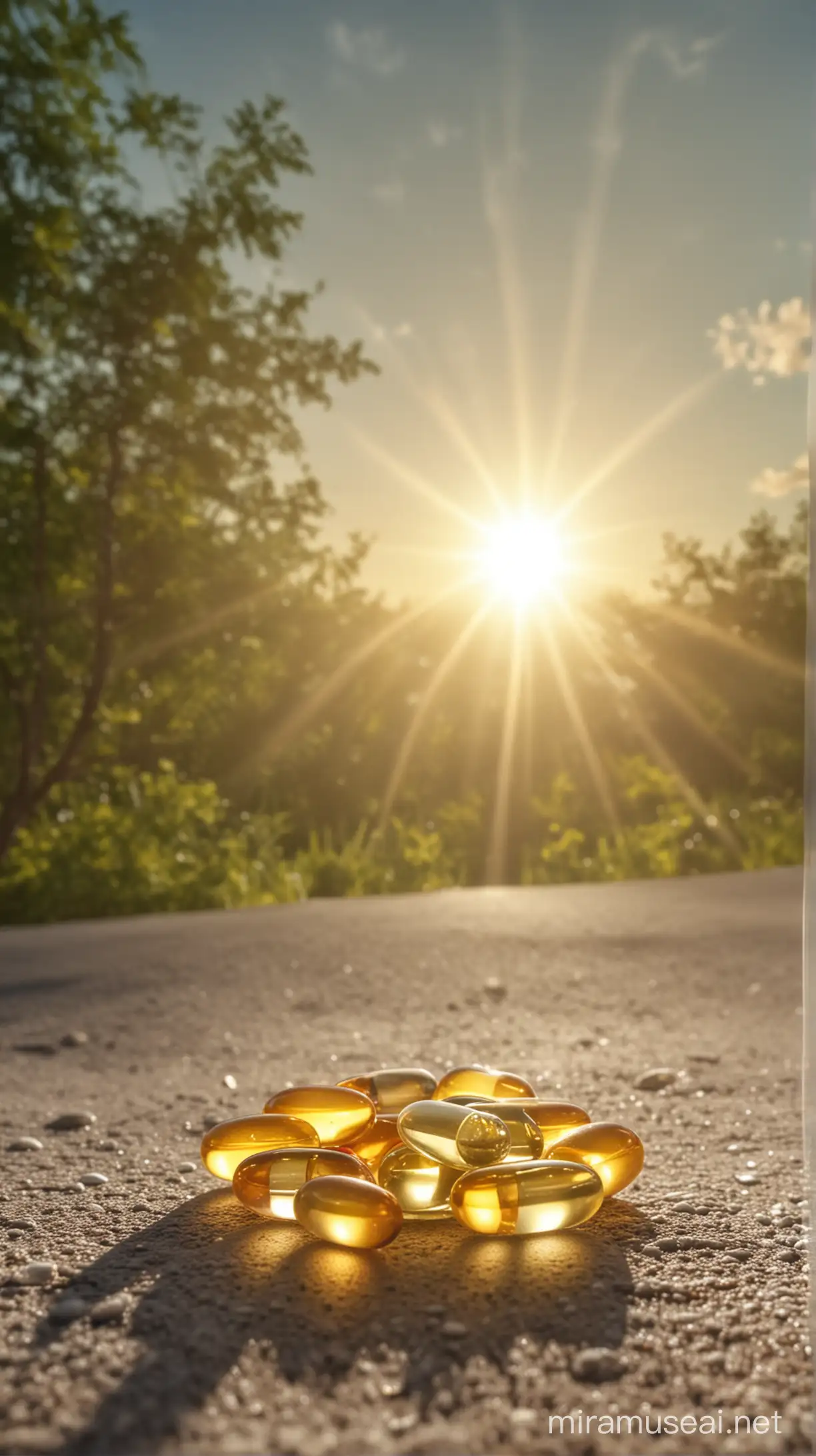 Vitamin D Capsule with Sunlight Glow on Natural Background
