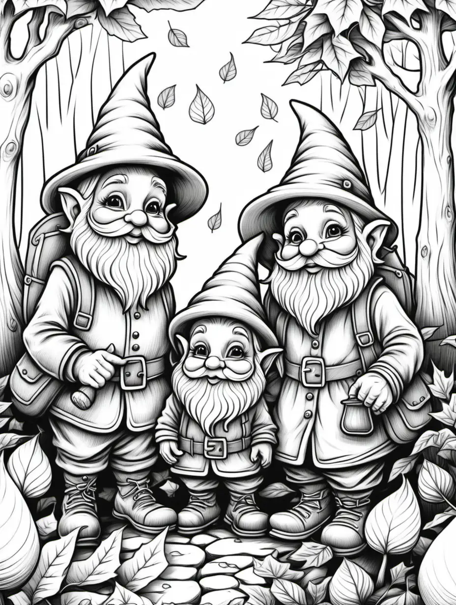 coloring page, gnomes autumn, thick lines, low detail, no shading,