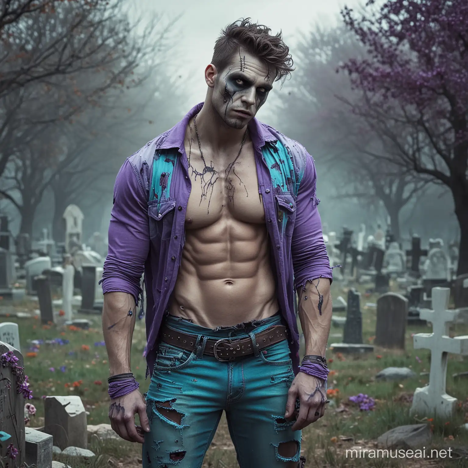 Sexy male gay hunky zombie, wearing only rags, muscualr, buff, beeft, big butt, cyan and purple colors, graveyard