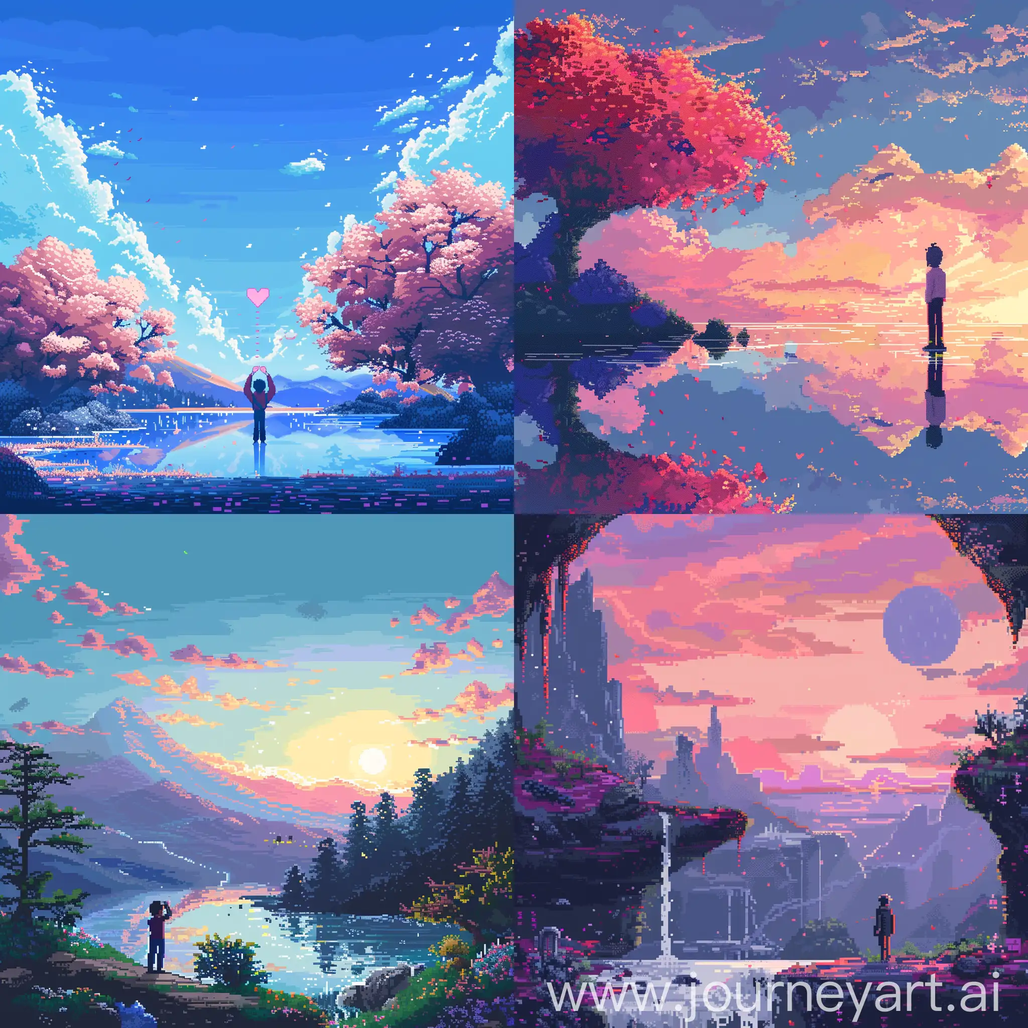 en pixel art, créer moi une personne faisant une declaration d'amour avec un jolie paysage chill