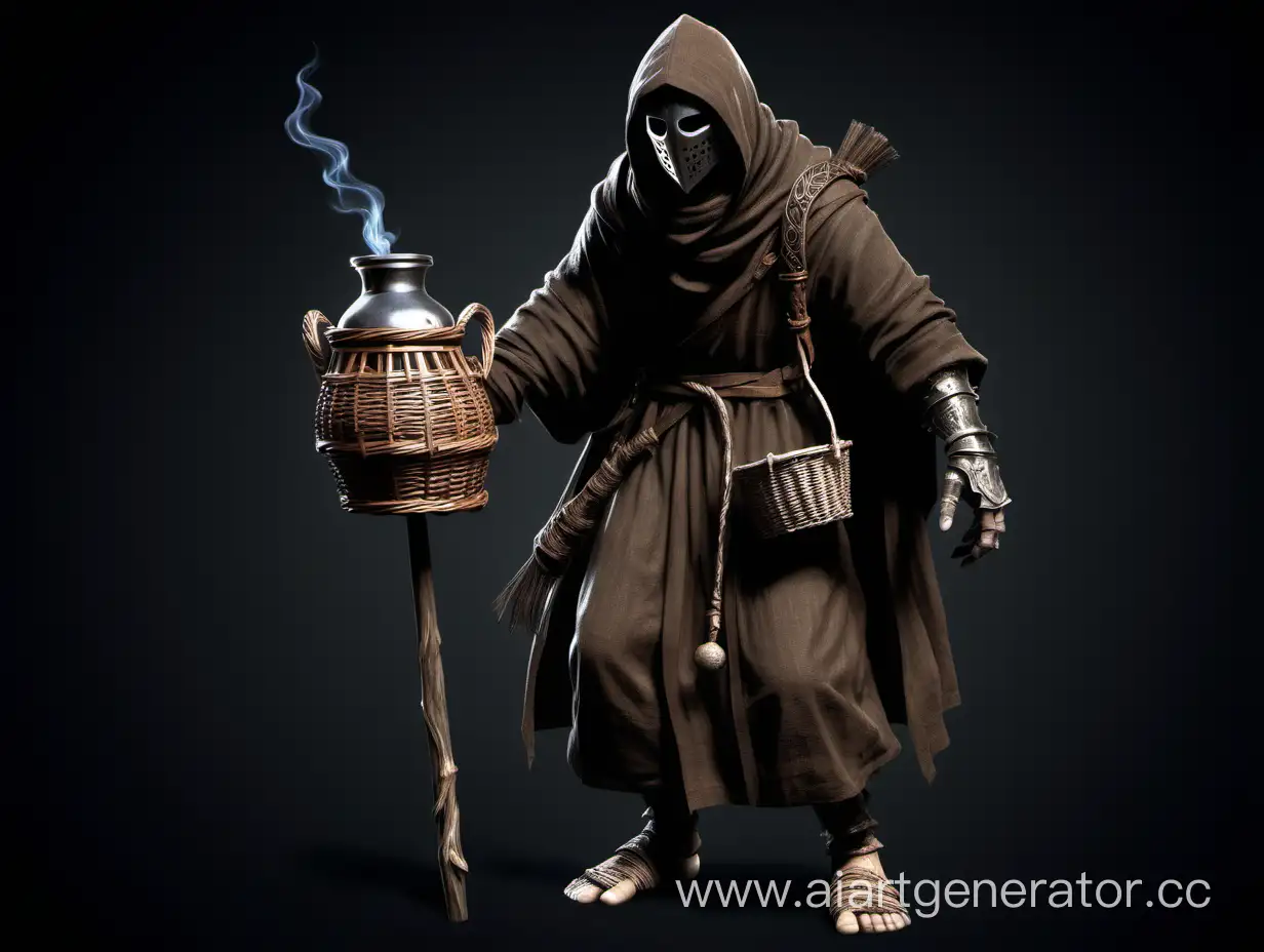 Hollow from dark souls in rugged brown robe with a flask on his belt and with a wicker basket on his back, in hand wooden staff with tribal charms.