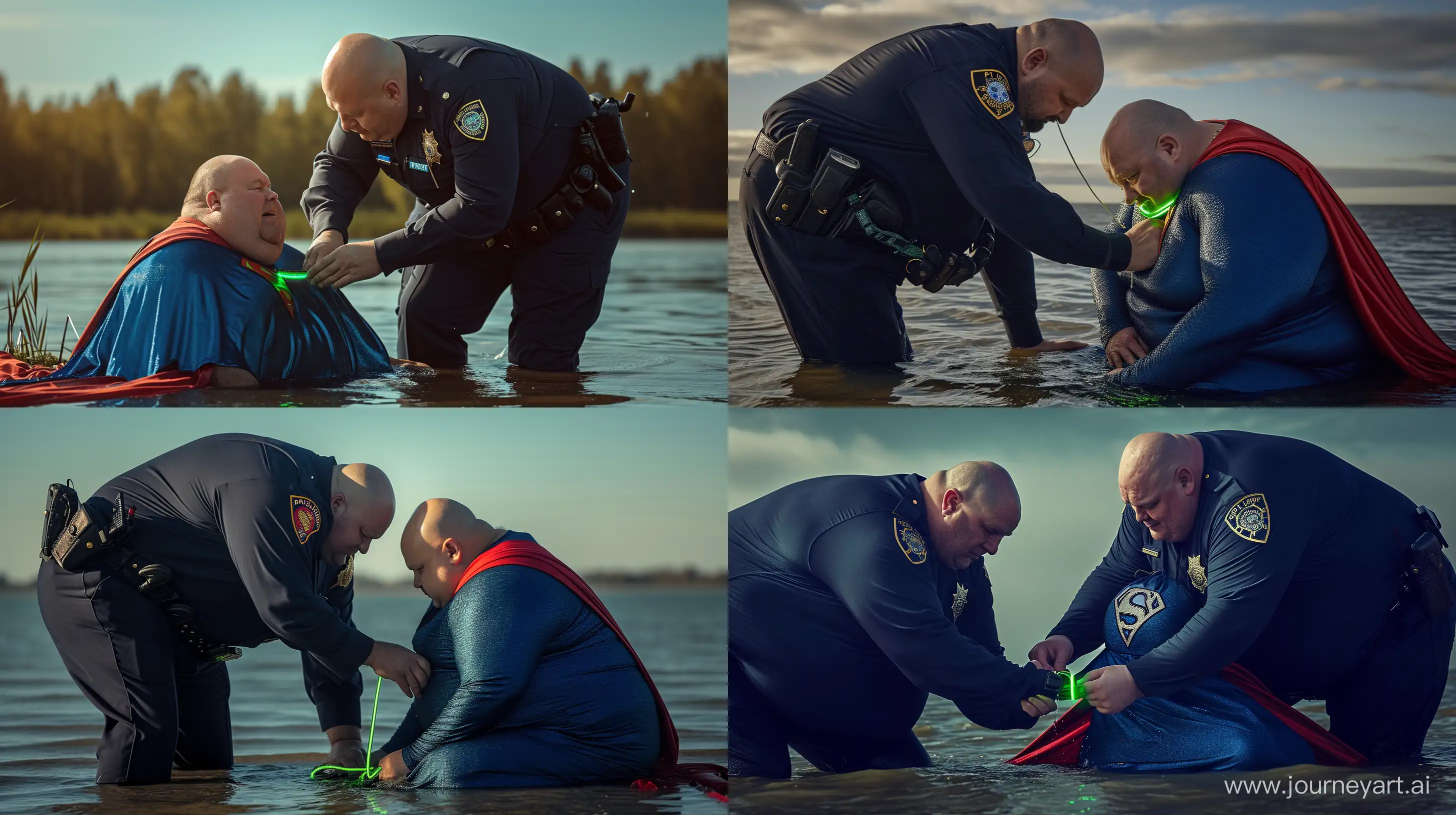 Senior-Men-in-Playful-Police-and-Superman-Costumes-by-Water