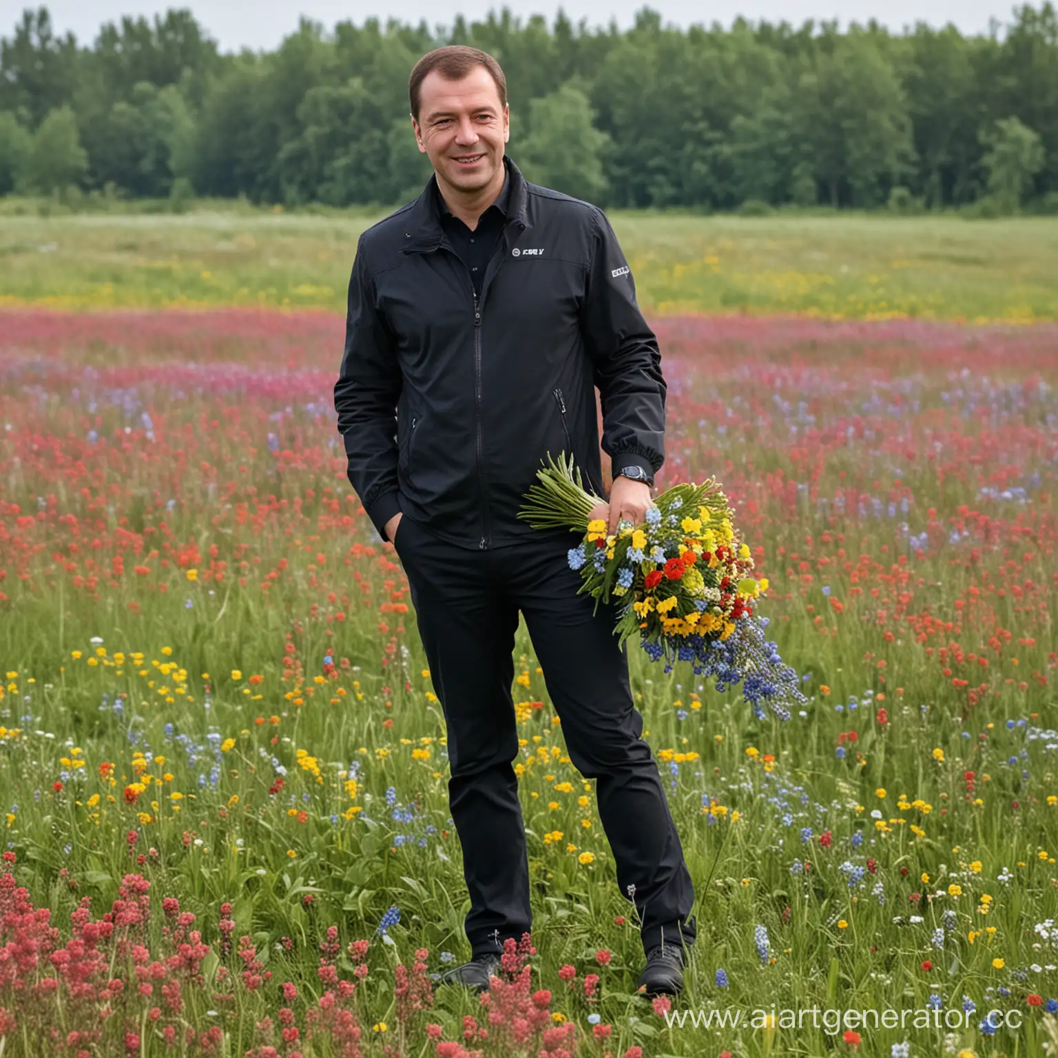 Dmitry-Medvedev-Holding-Wildflower-Bouquet-in-Rustic-Field