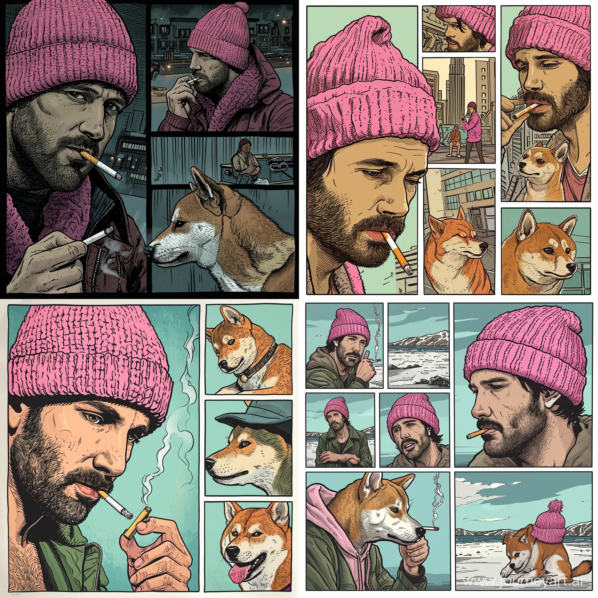 Ben-Affleck-in-Pink-Beanie-Hat-with-Shiba-Inu-DC-Comic-Strip-Style