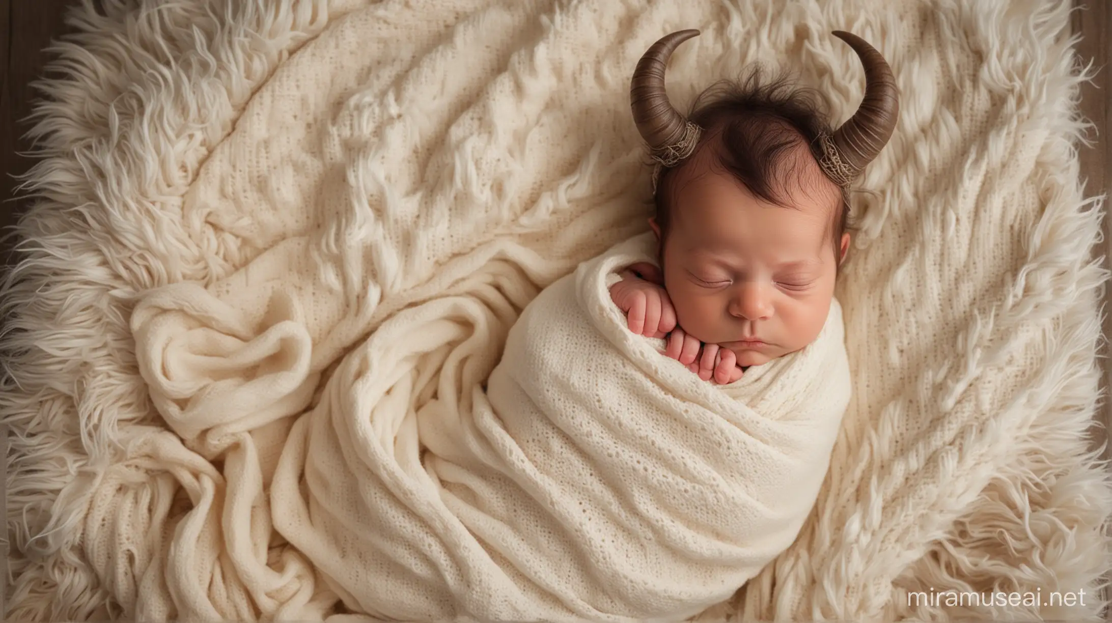 An enchanting image of a newborn baby, with a delicate touch of fantasy, born with a soft and gentle pair of horns protruding from their head. The baby lies peacefully, wrapped in a soft, warm blanket, surrounded by concerned, yet supportive, parents who are gentle and loving. The atmosphere is one of acceptance and warmth, radiating a message of love and kindness towards those who are different., photo