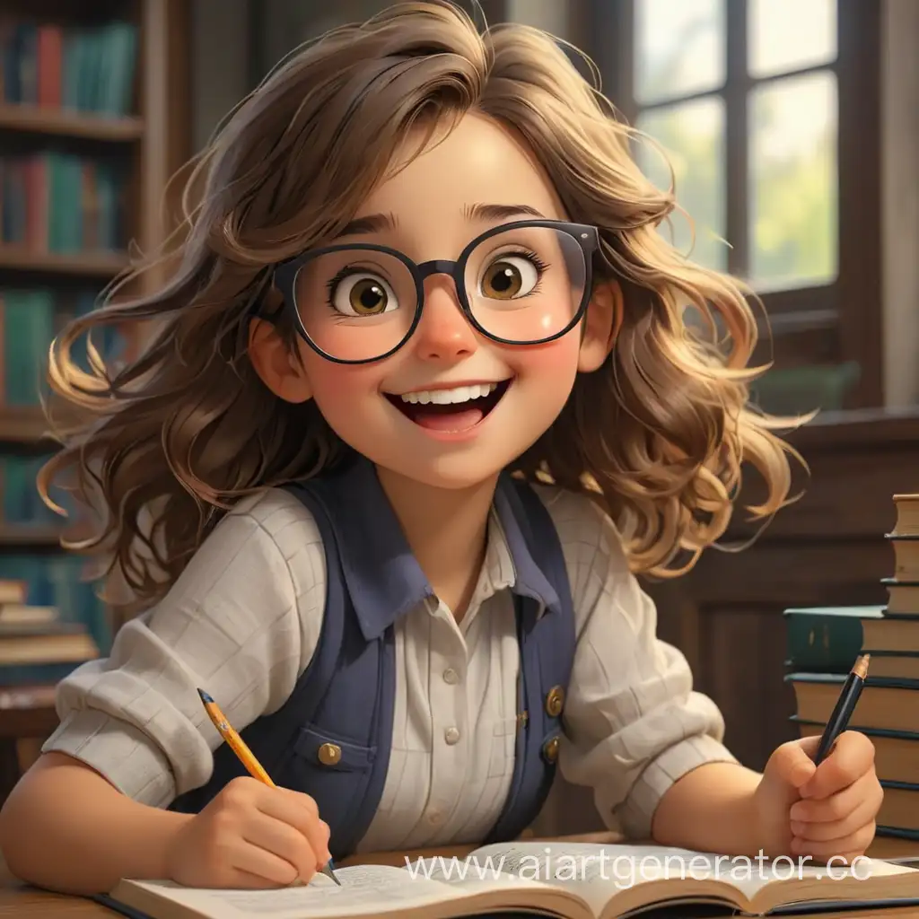 Девушка нарисованная весёлая в очках изучает английский язык что то связанное с dictionary