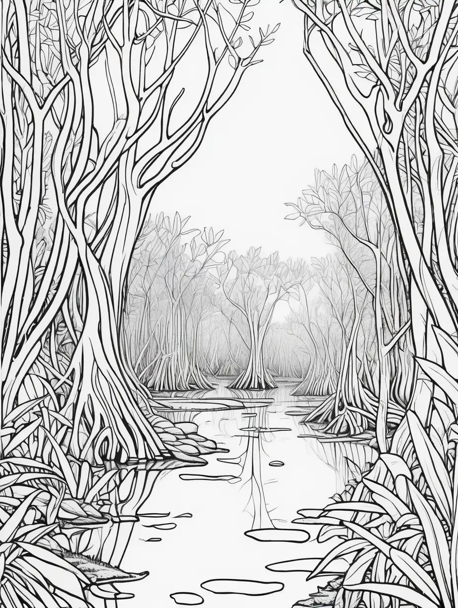 Serene Mangrove Forest Coloring Page with Bold Black Lines
