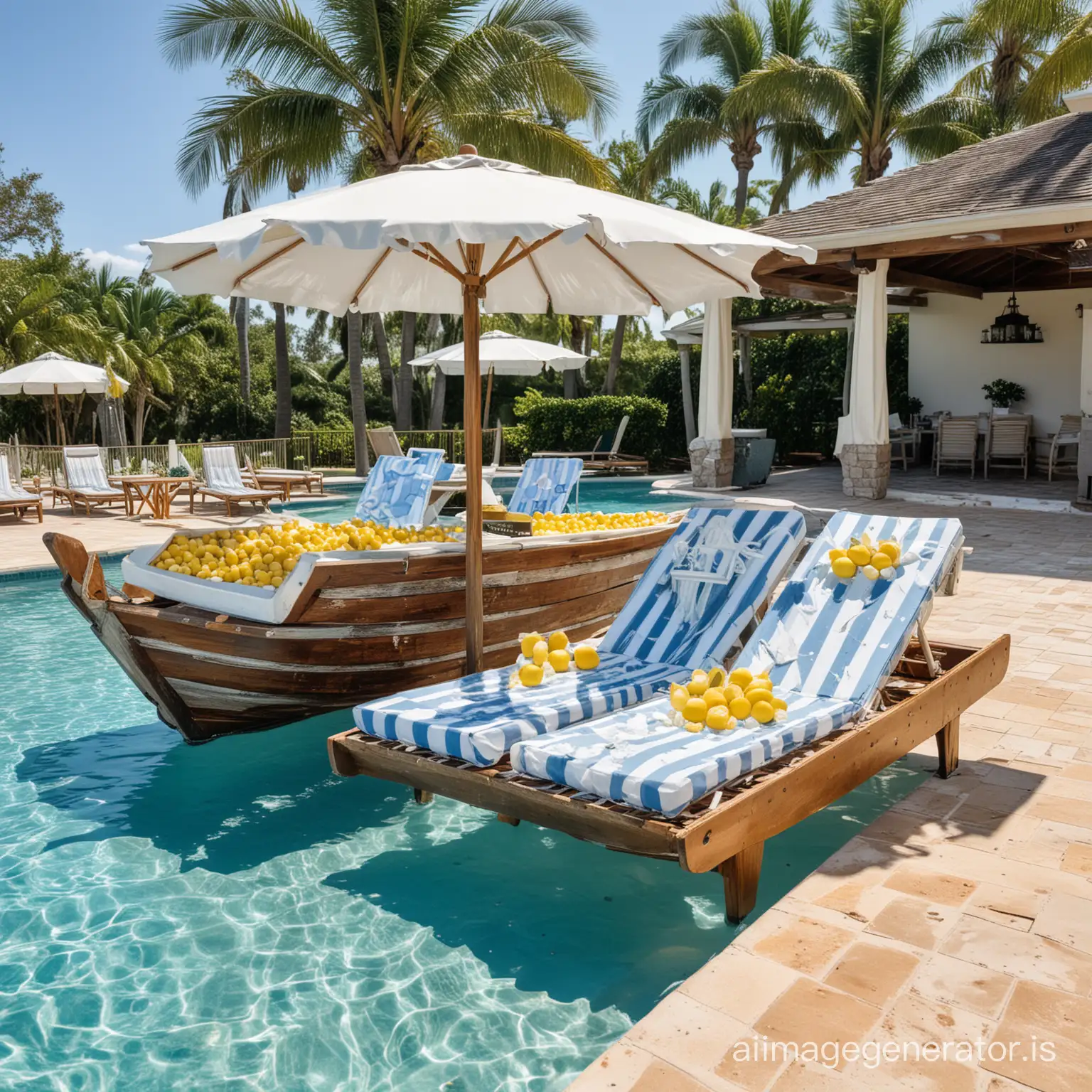 a wooden boat full of ice and lemons being a lemonade station in a pool resort that have white and blue stripped parasols and long chairs
