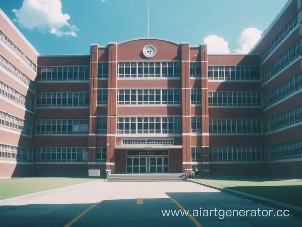 Cinematic anime shot of a high school building