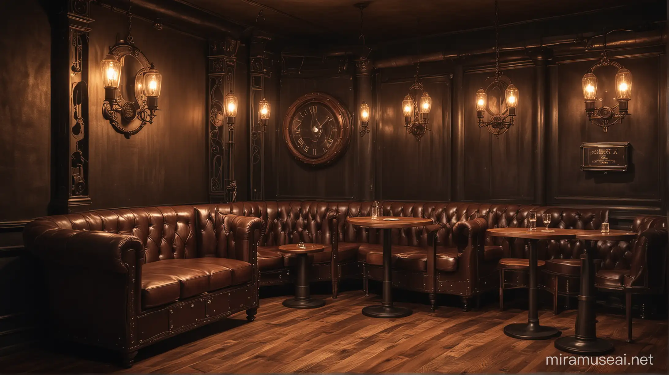 Exlcusive steampunk gentelmen club, furniture made of leather and wood, stylish lamps and small round tables, rather dark, subtle lighting