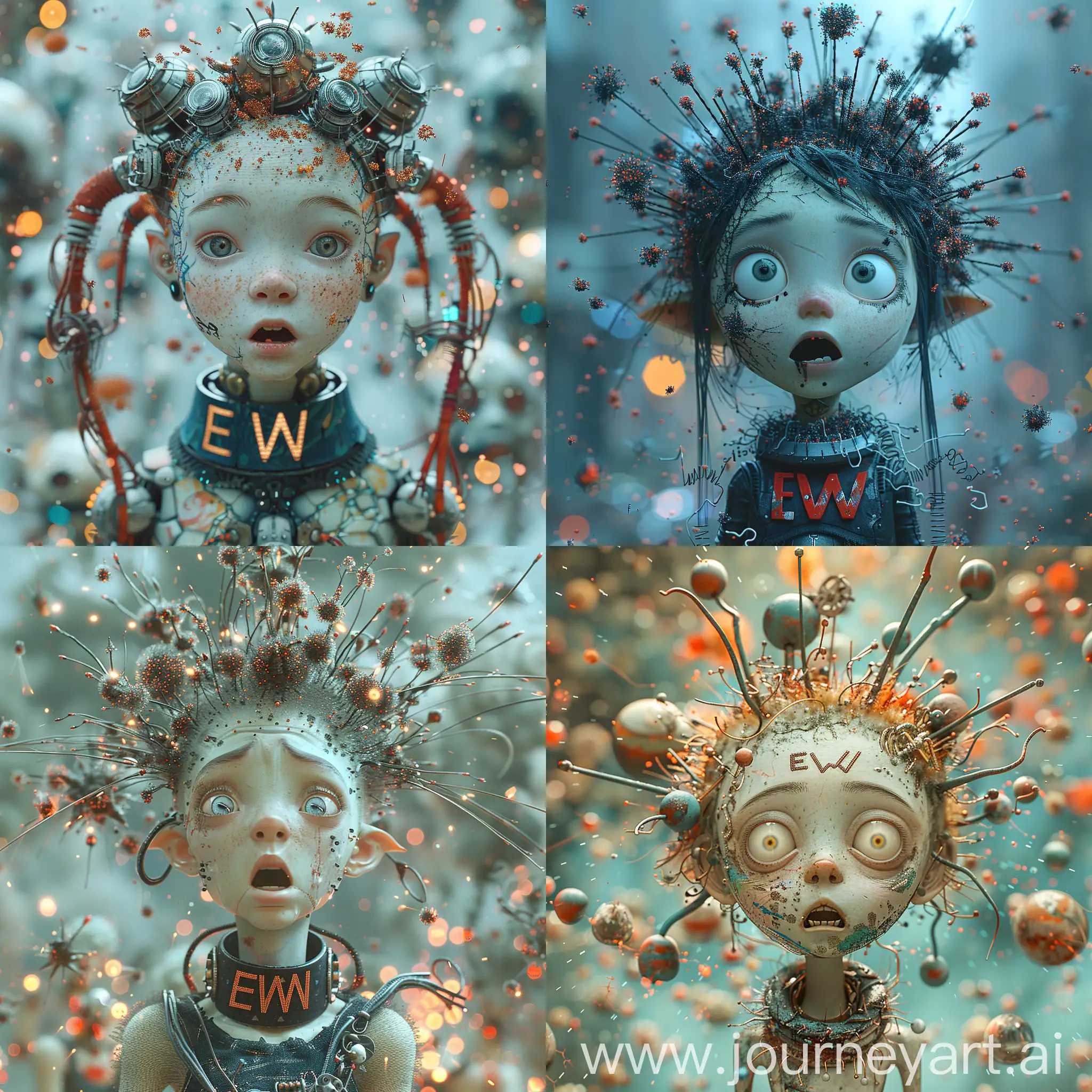 Prompt/Imagine Prompt: a cartoon of a 3D model, a cute  fantasy character with pale skin and with a collar that says "EWW", a surreal headpiece surrounded by particles, against an ultra-realistic background with high details and surreal elements. vermillion and blue --stylize 700 --style raw --v 6 