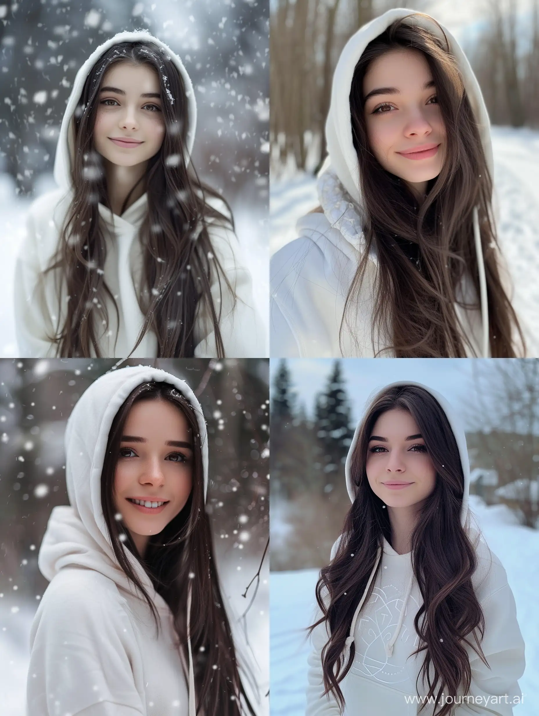 a photo for valentine day, a beautiful Russian girl, a thin white hoody, long dark brown hair, brown eyes, has makeup, smiley face, she has 64kg weight and 174cm height, snow weather, full body pose photography,